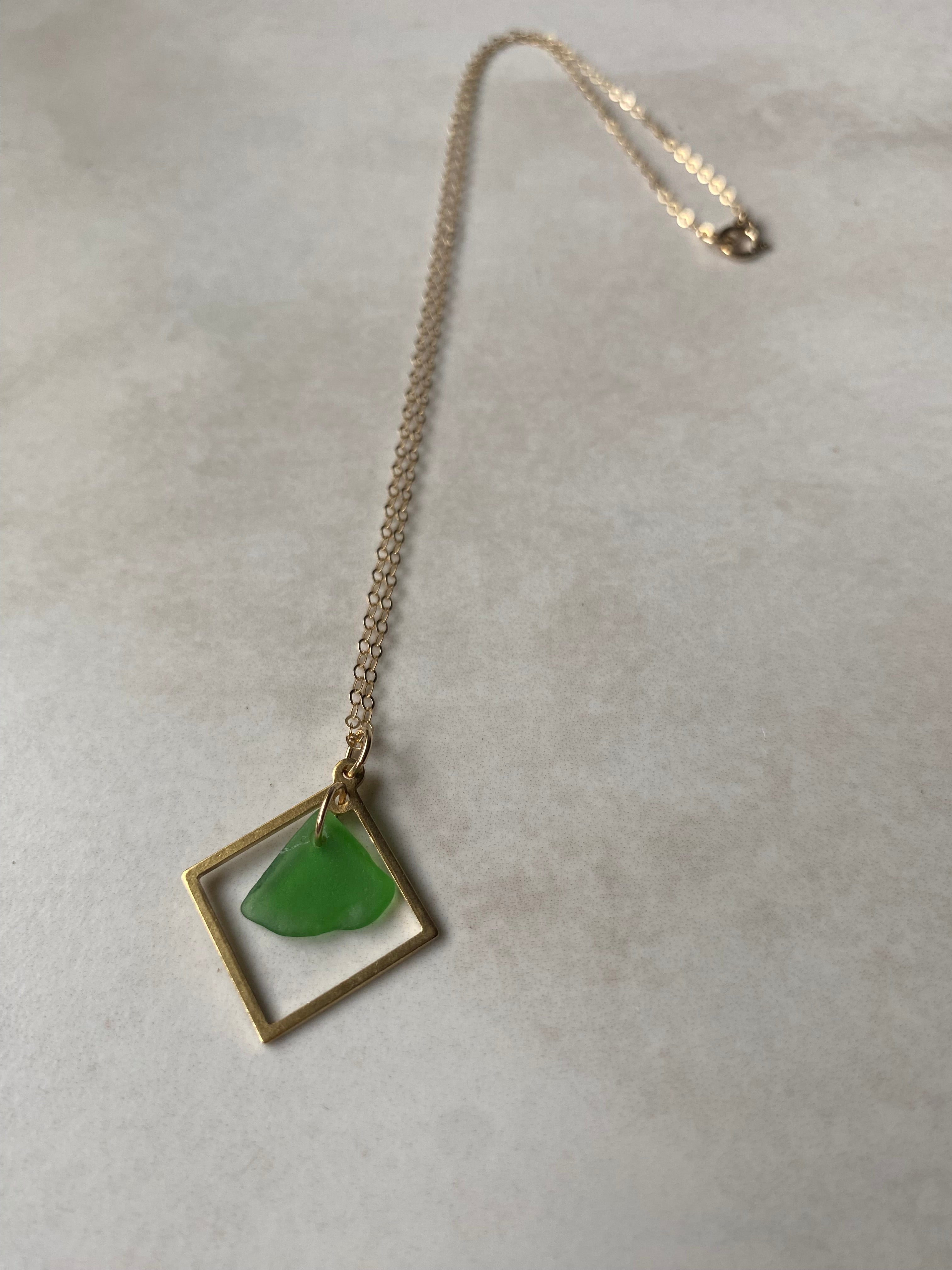 Joy sea glass necklace: Brass square (vibrant green)