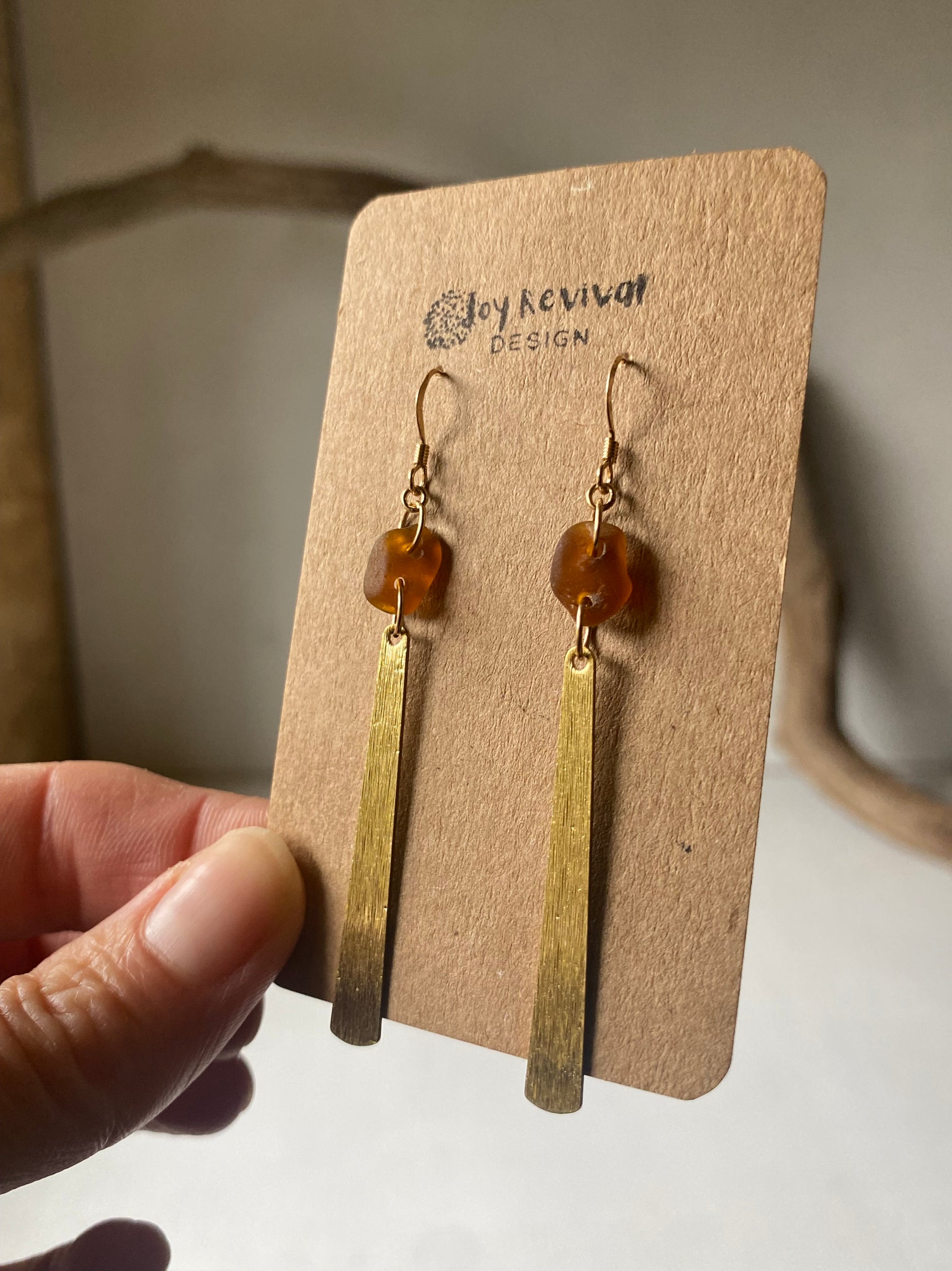 Joy Sea Glass Earrings: Brass tear drops -bronze sea glass