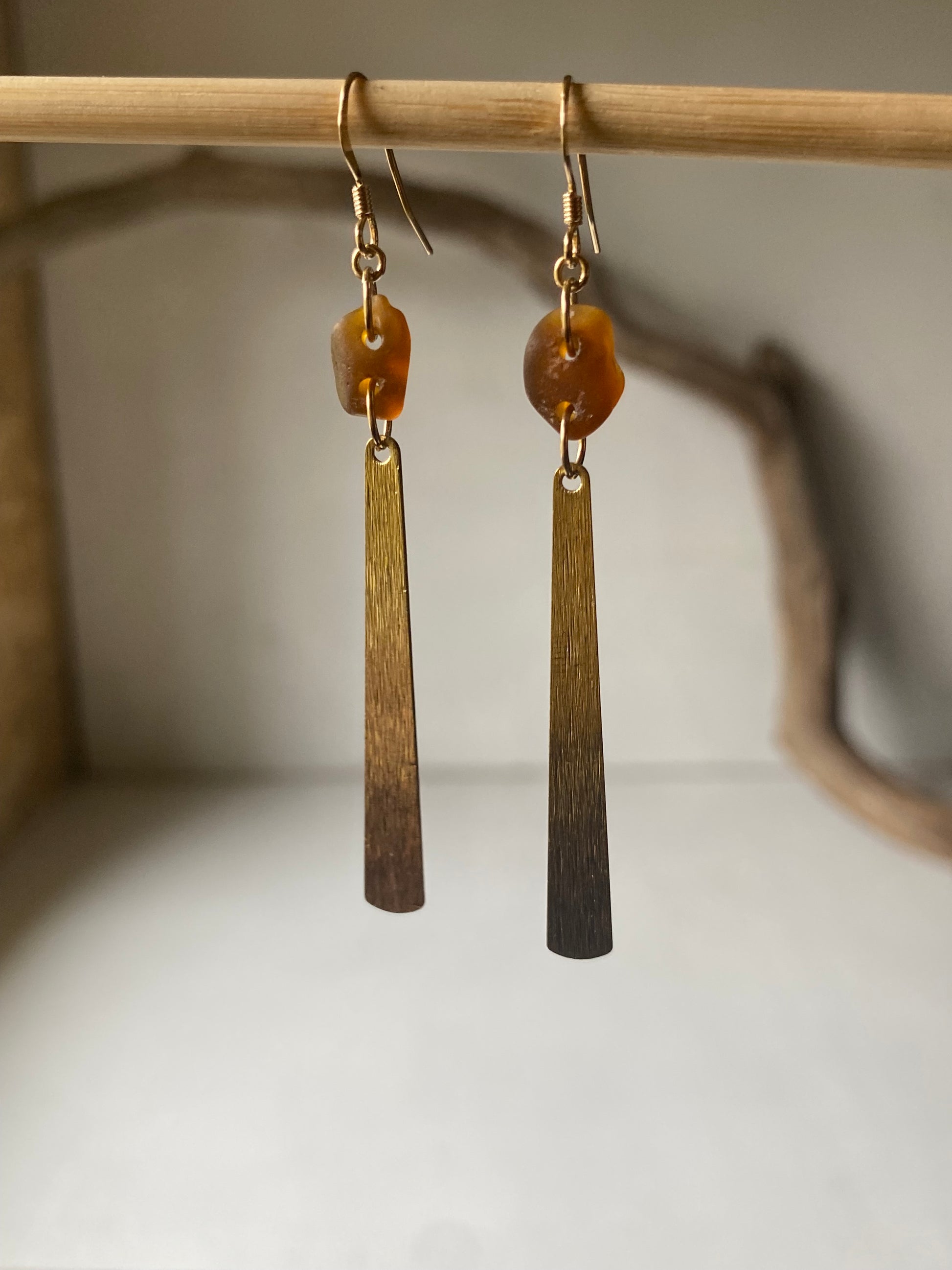 Joy Sea Glass Earrings: Brass tear drops -bronze sea glass