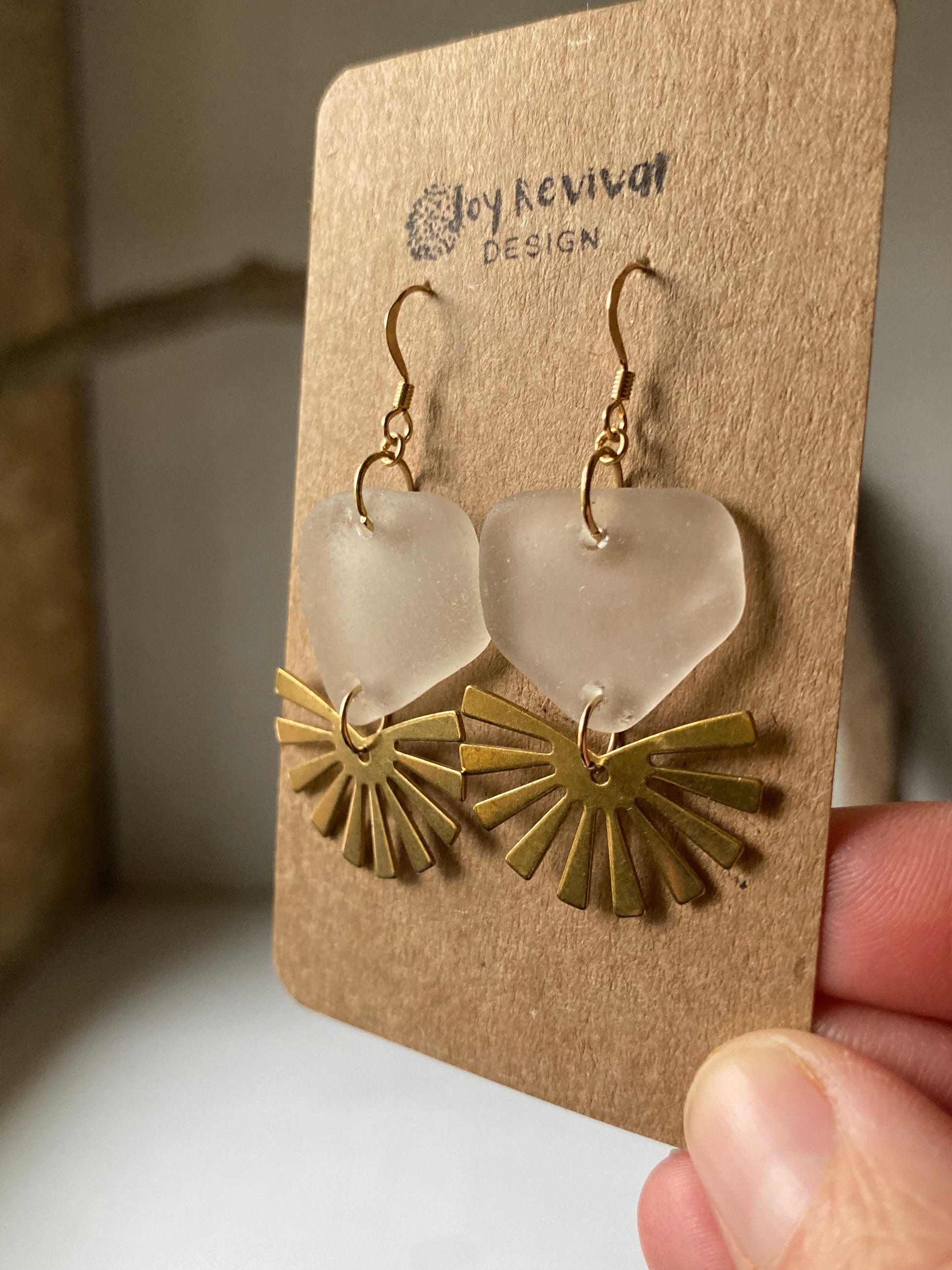 Joy Sea Glass Earrings: Brass Sunburst - white