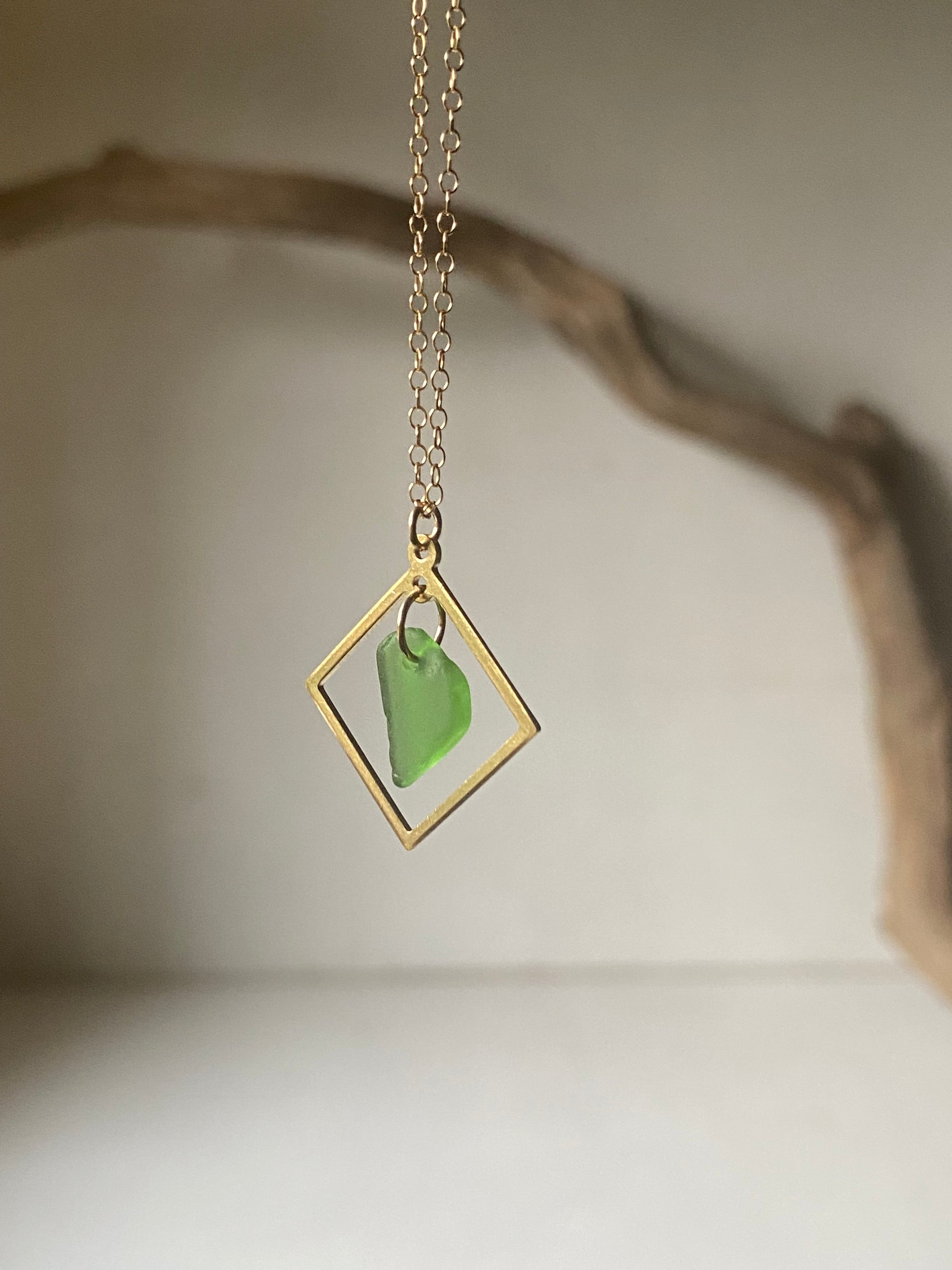 Joy sea glass necklace: Brass square (vibrant green)