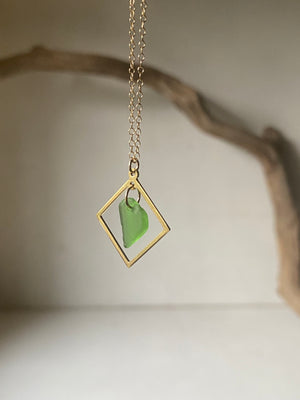 Joy sea glass necklace: Brass square (vibrant green)