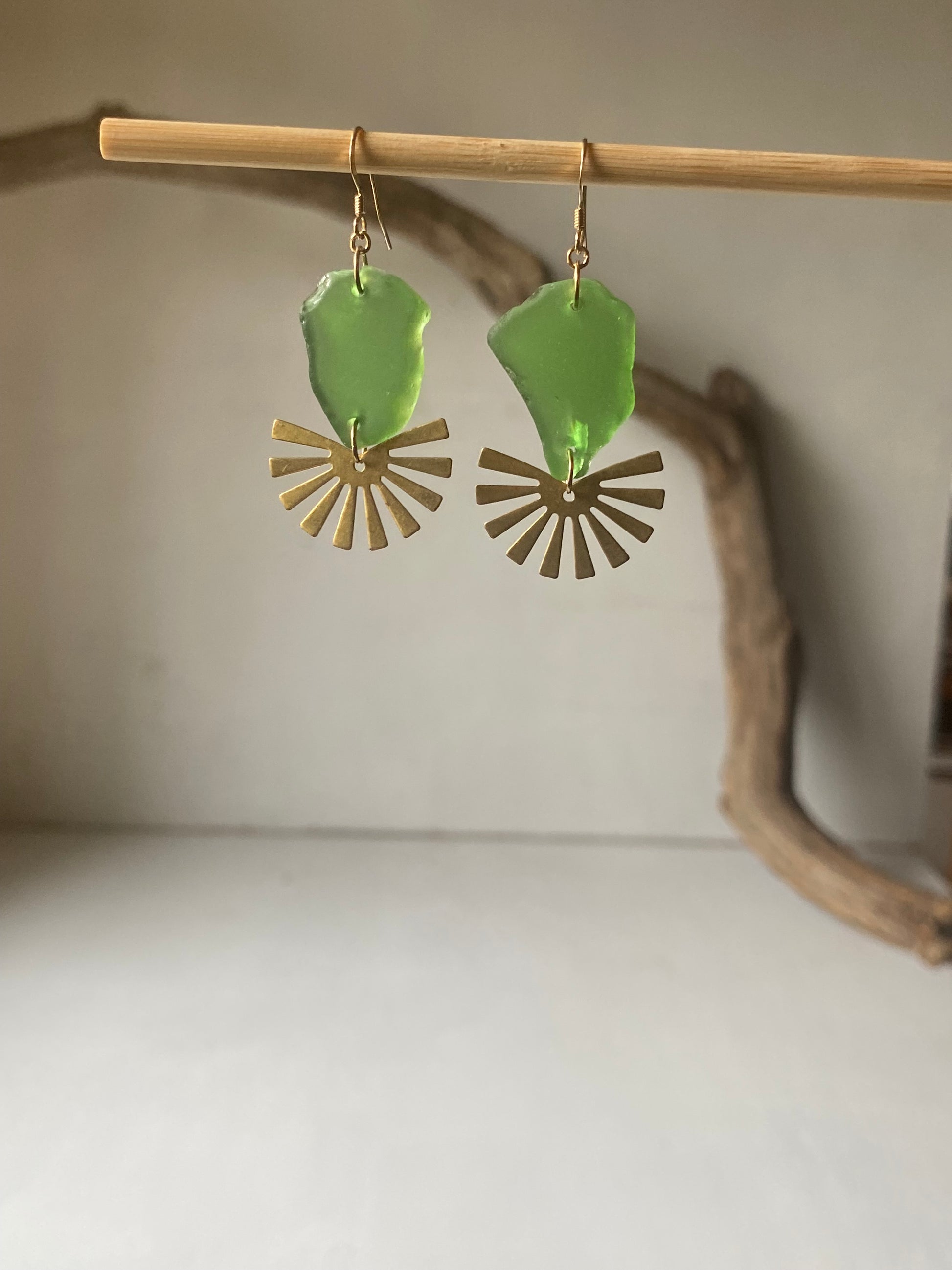 Joy Sea Glass Earrings: Brass Sunburst - vibrant green