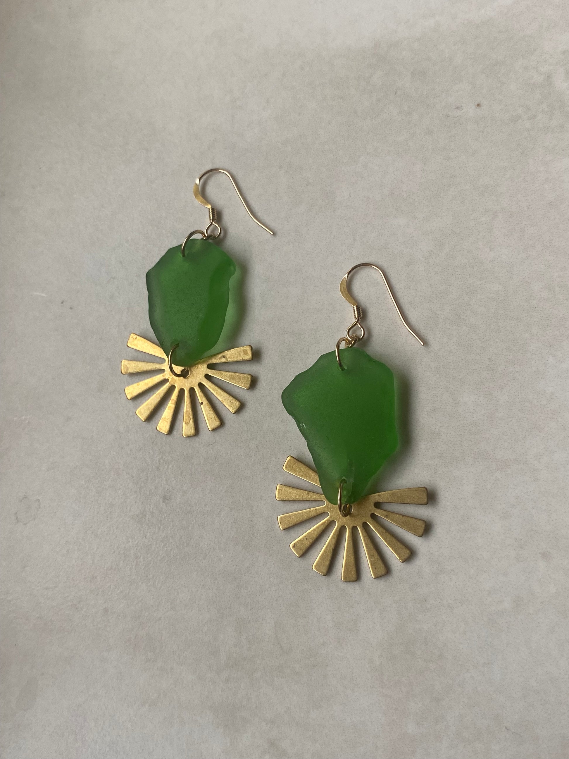 Joy Sea Glass Earrings: Brass Sunburst - vibrant green