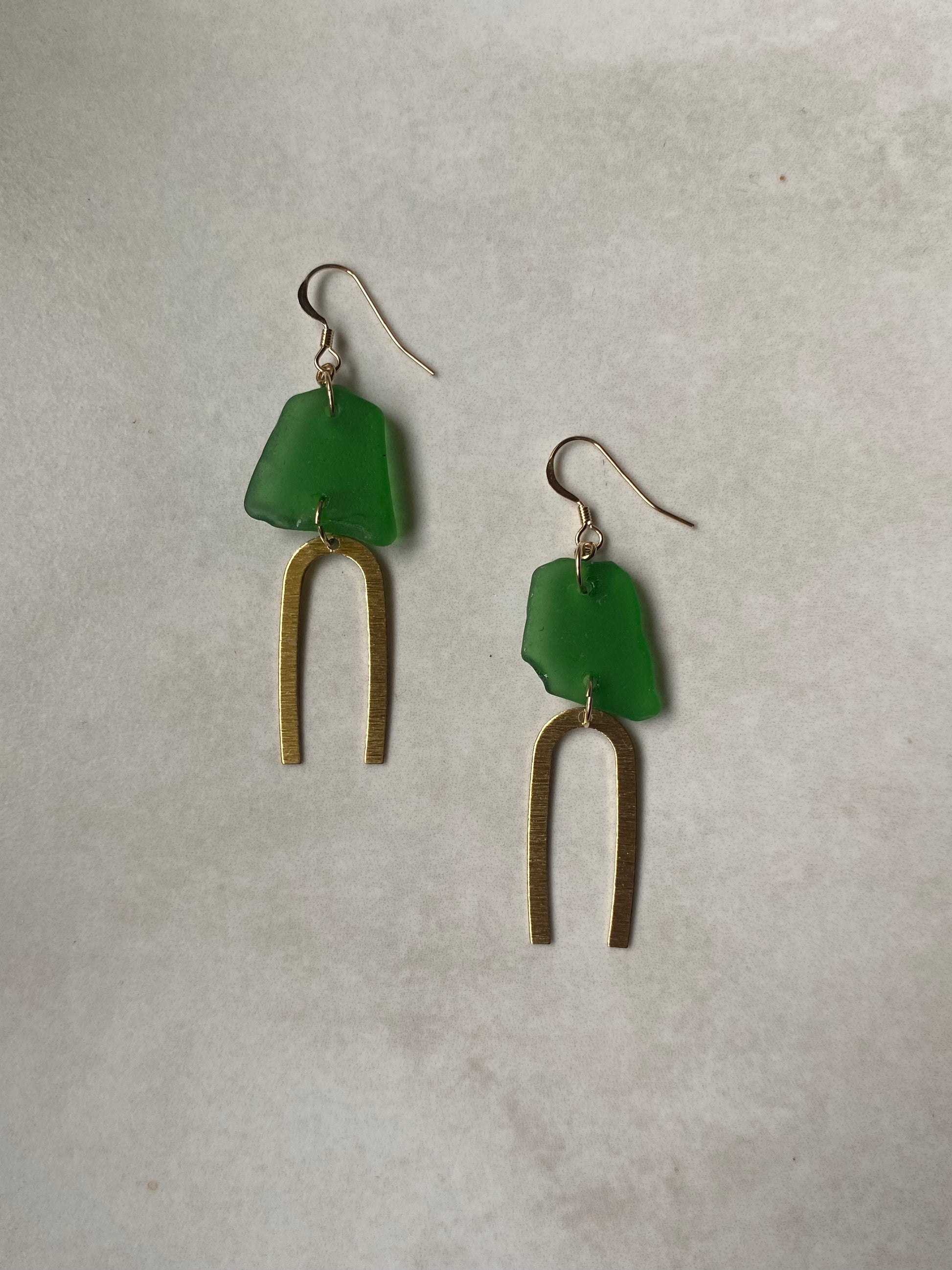 Joy Sea Glass Earrings: Textured Brass Arches - green