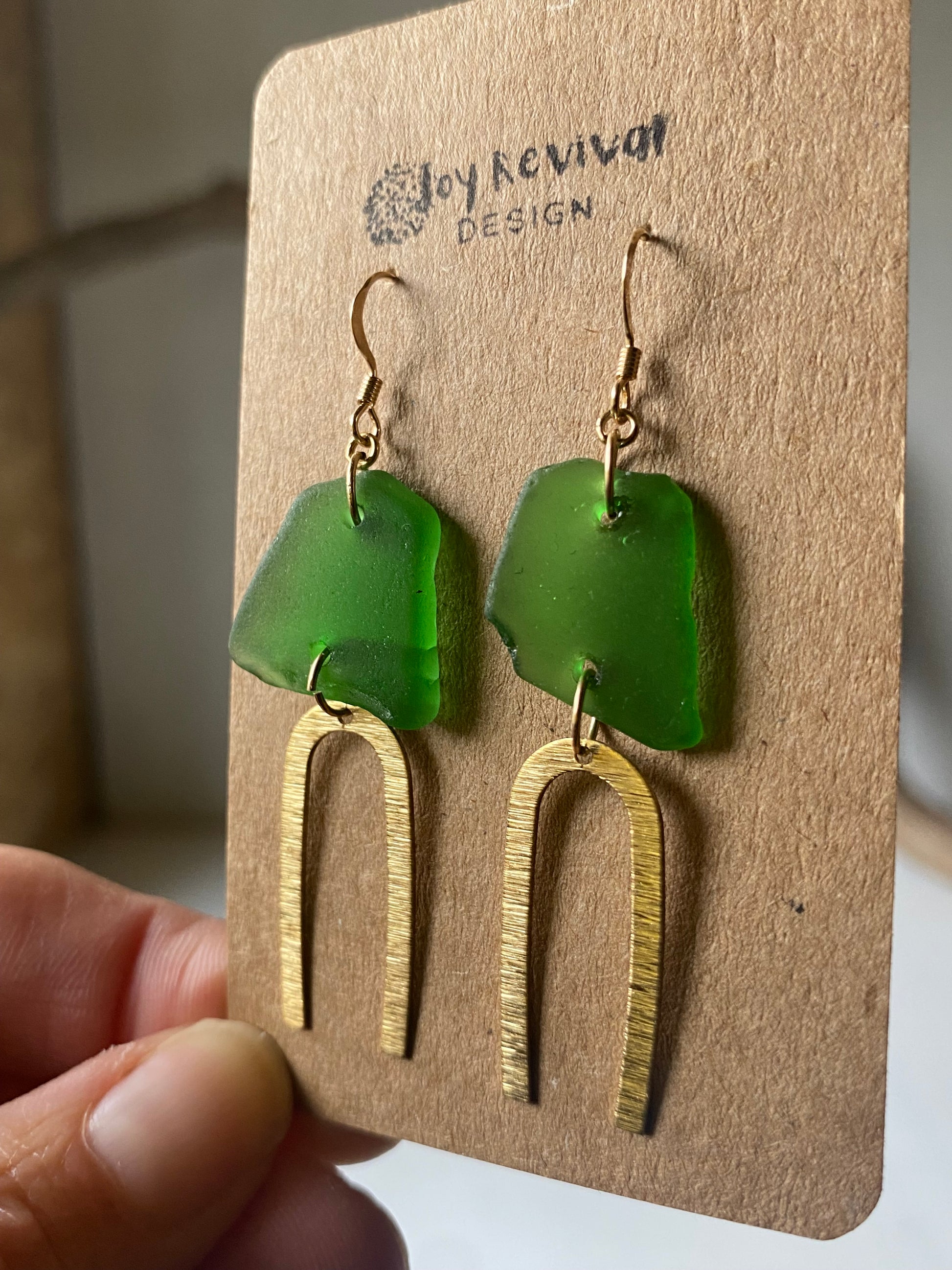 Joy Sea Glass Earrings: Textured Brass Arches - green