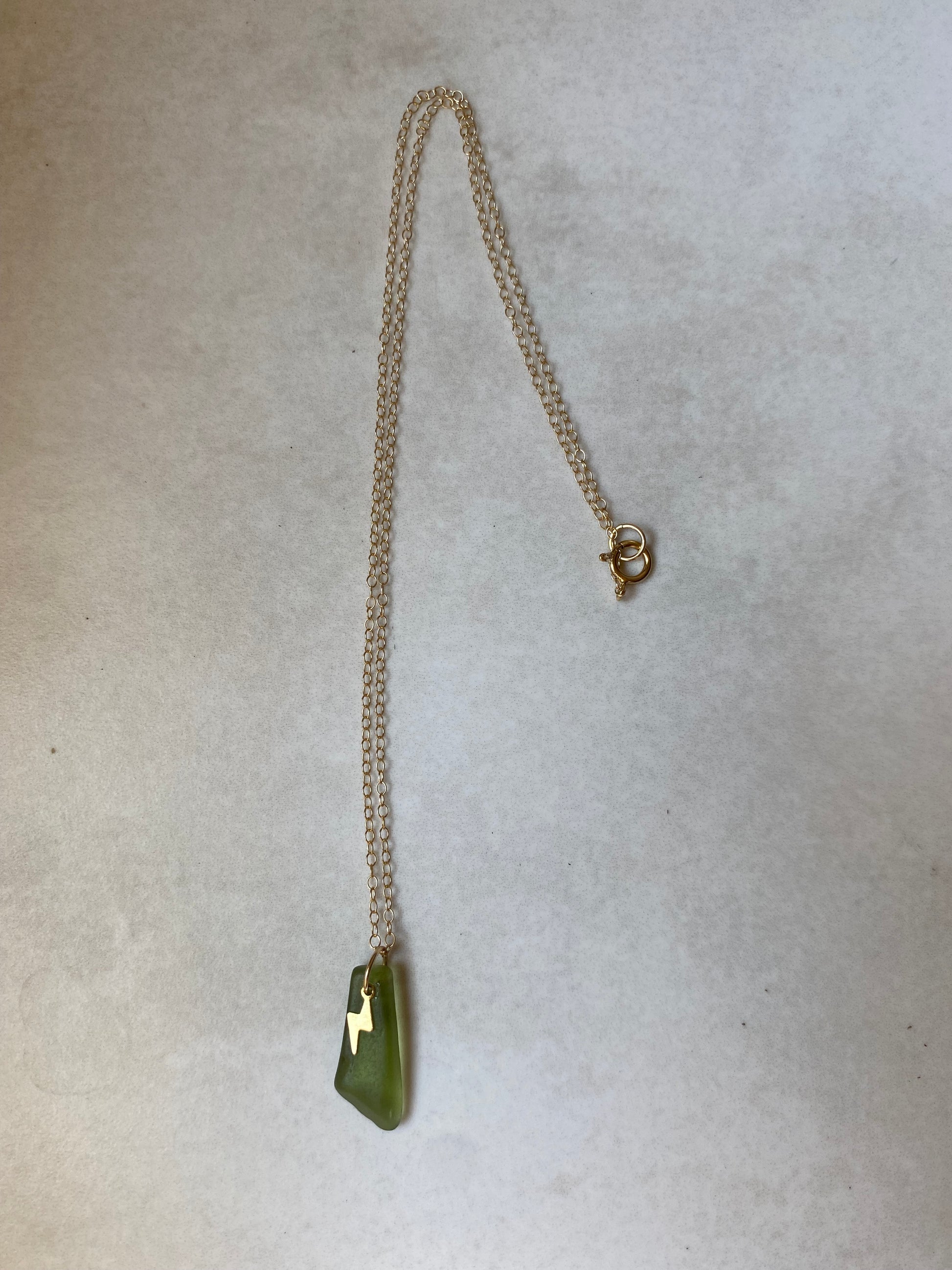Joy sea glass necklace: Brass bolt (green)