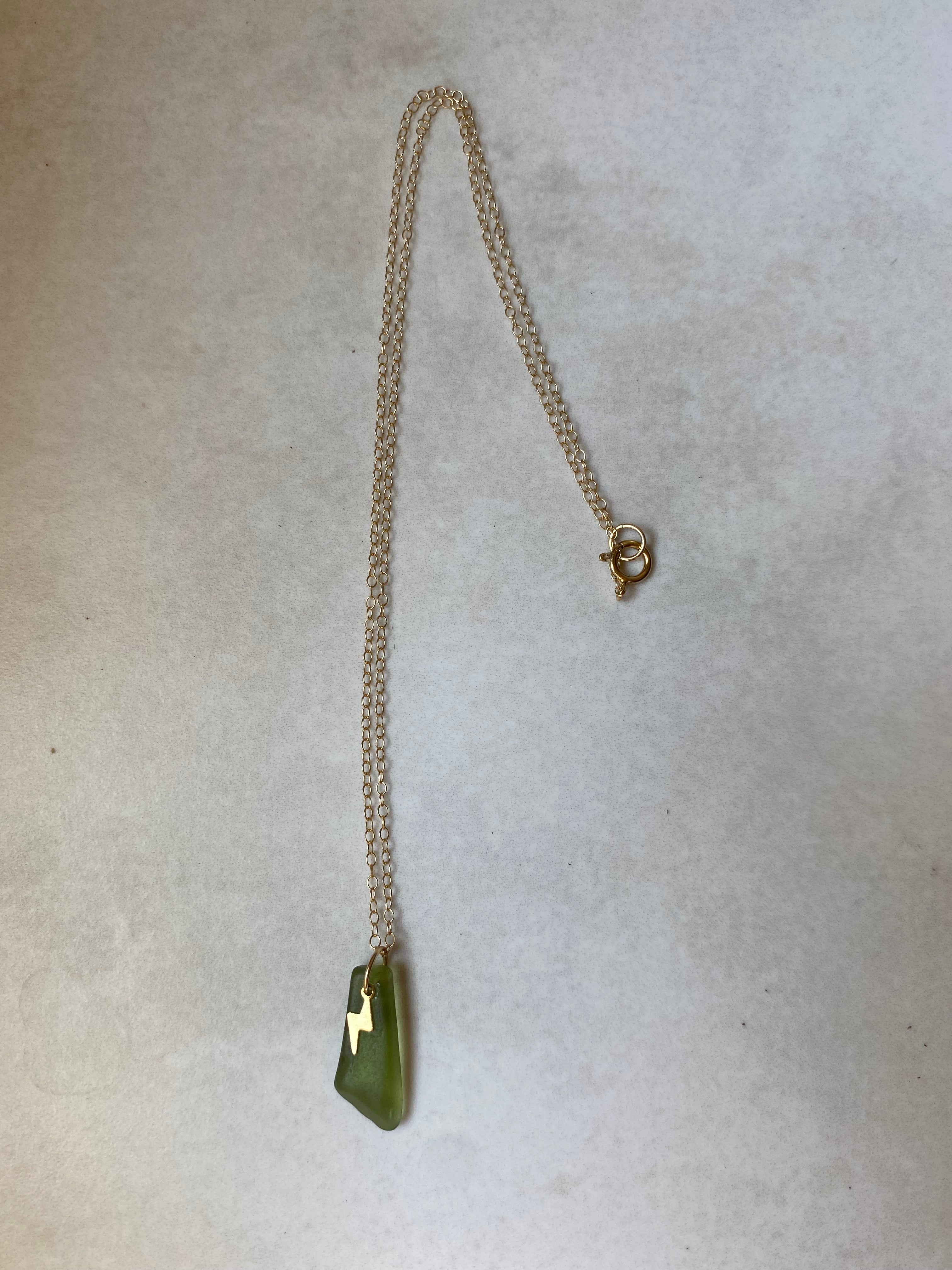 Joy sea glass necklace: Brass bolt (green)