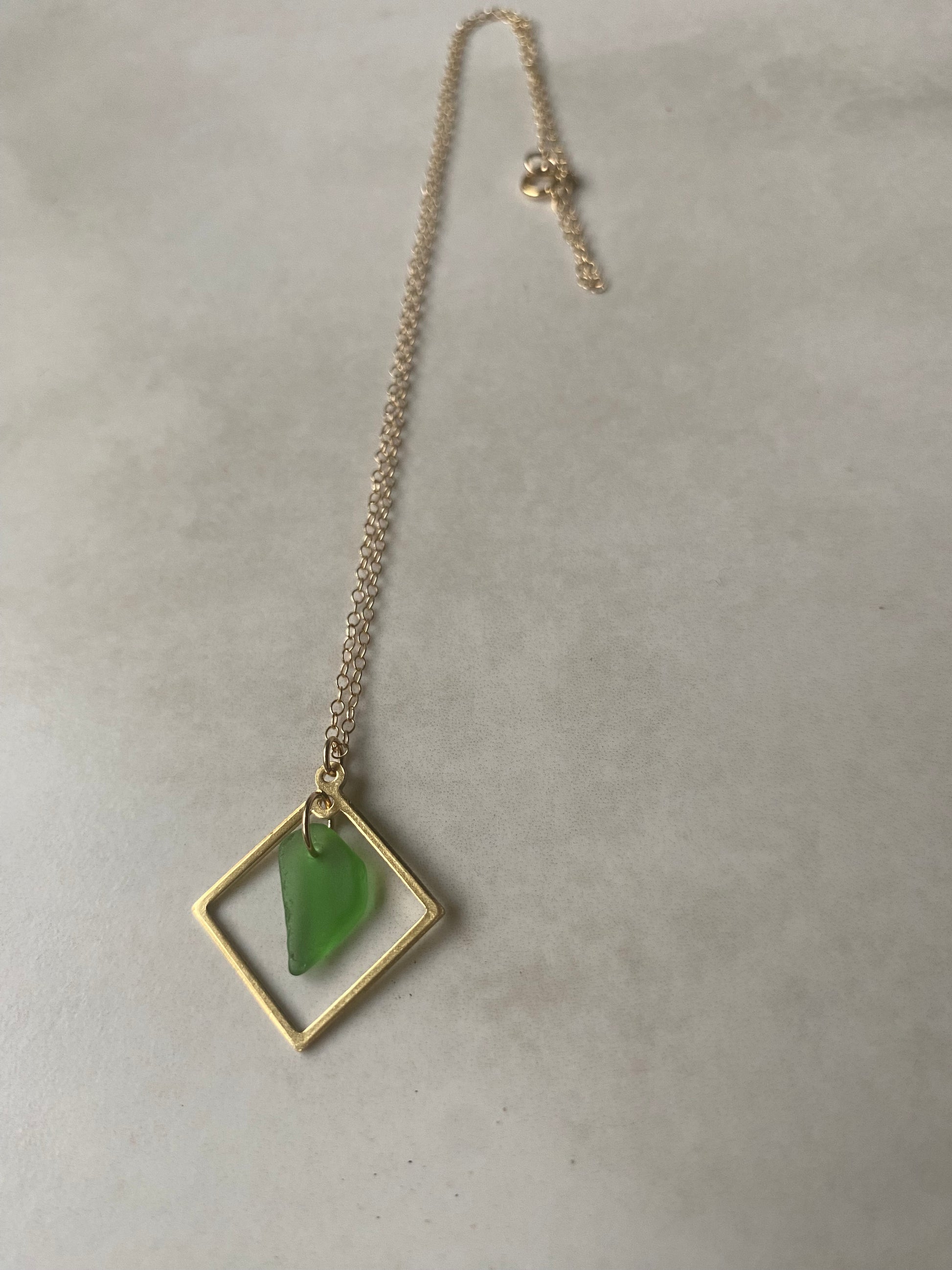 Joy sea glass necklace: Brass square (vibrant green)