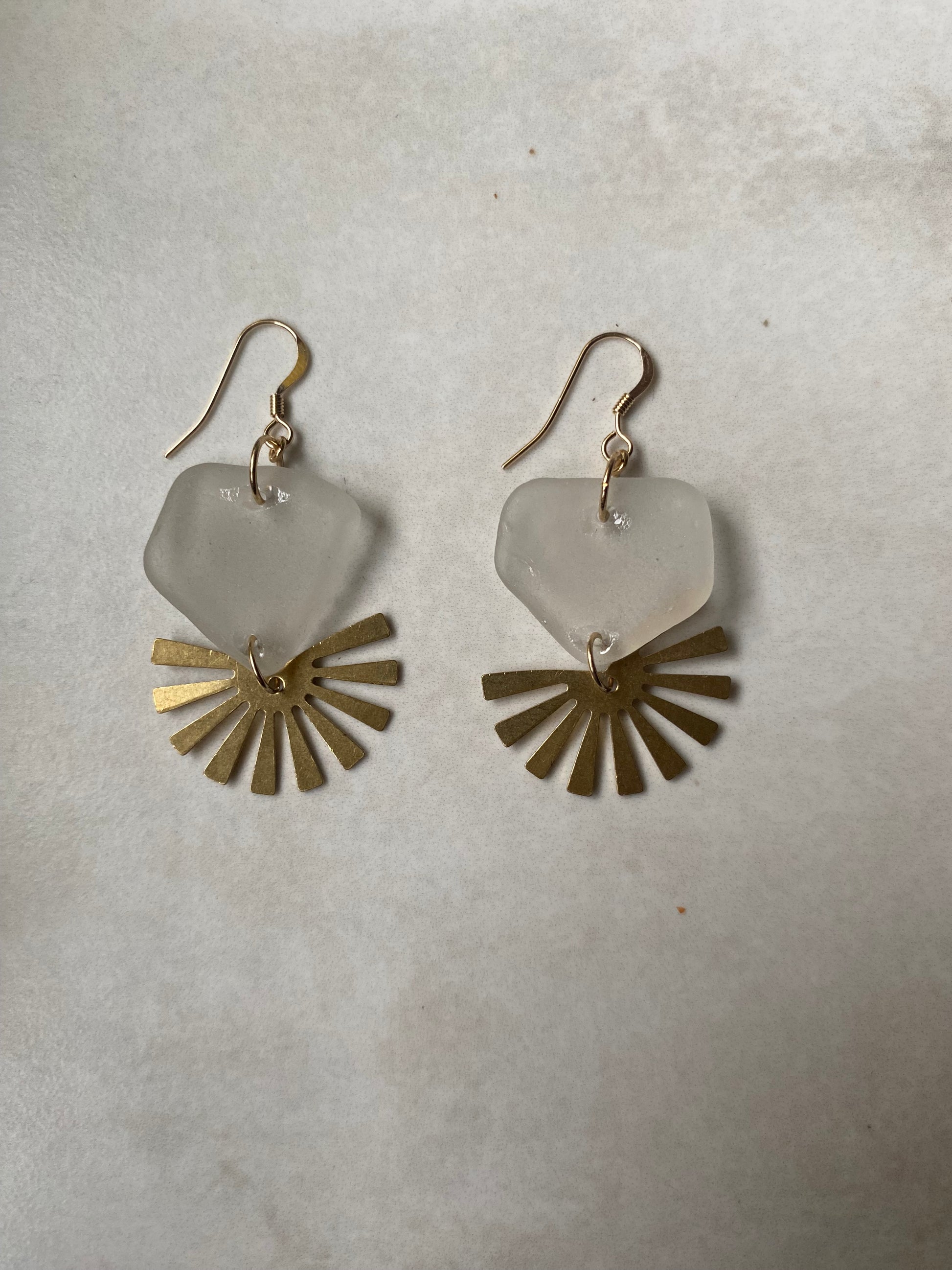 Joy Sea Glass Earrings: Brass Sunburst - white