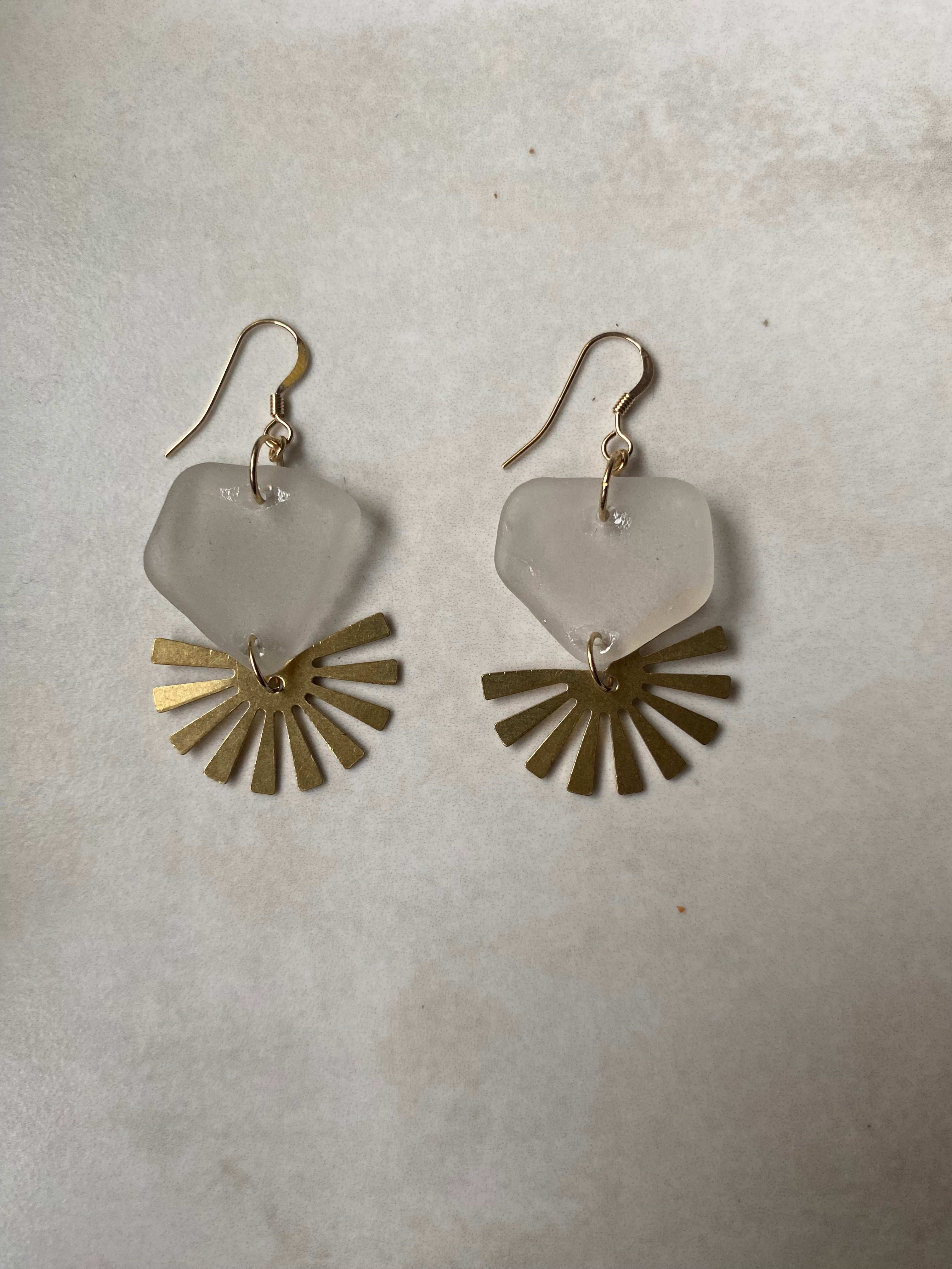 Joy Sea Glass Earrings: Brass Sunburst - white