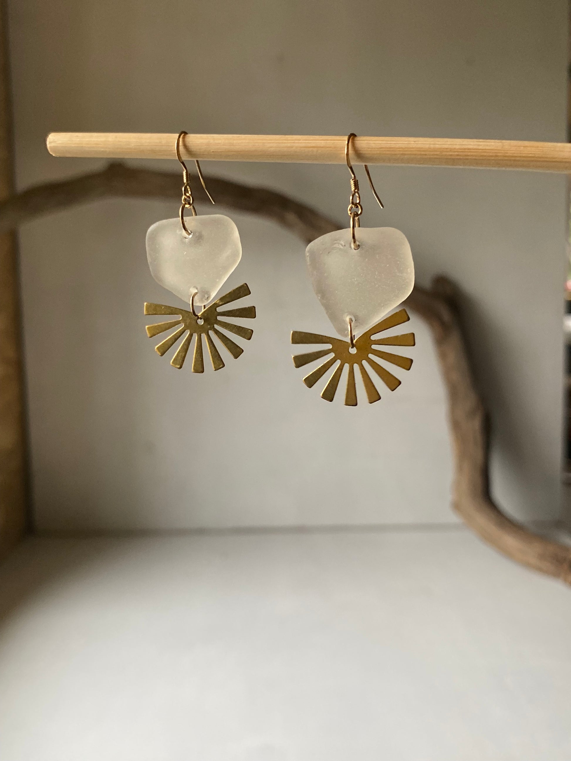 Joy Sea Glass Earrings: Brass Sunburst - white