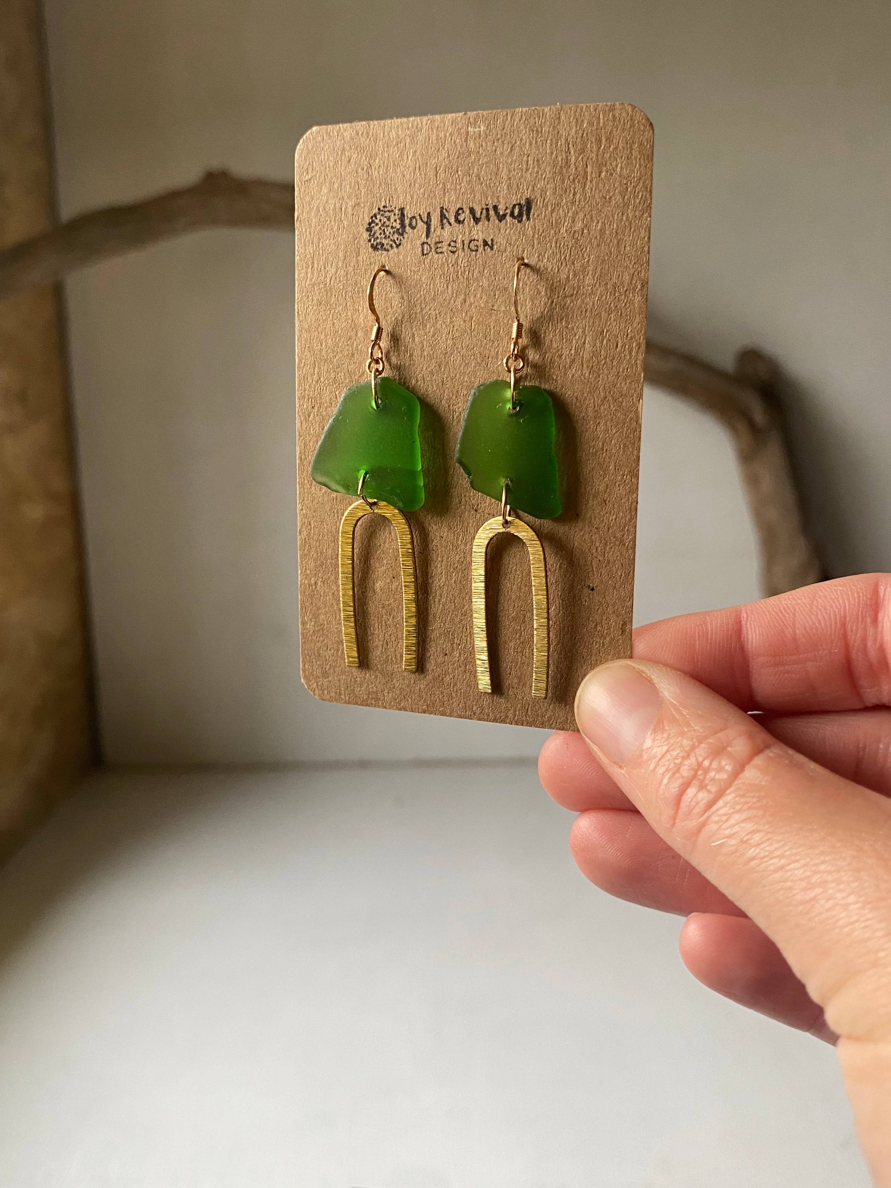 Joy Sea Glass Earrings: Textured Brass Arches - green
