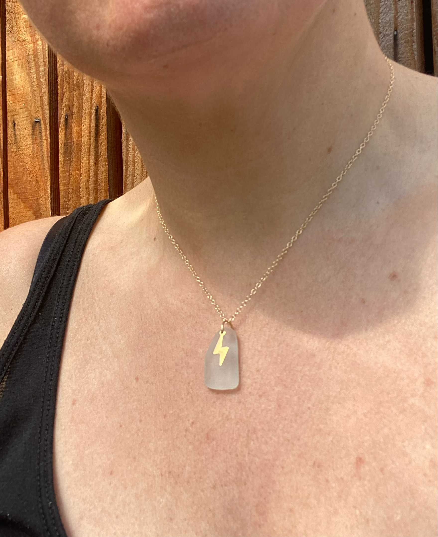 Joy sea glass necklace: Brass lightening bolt (white)