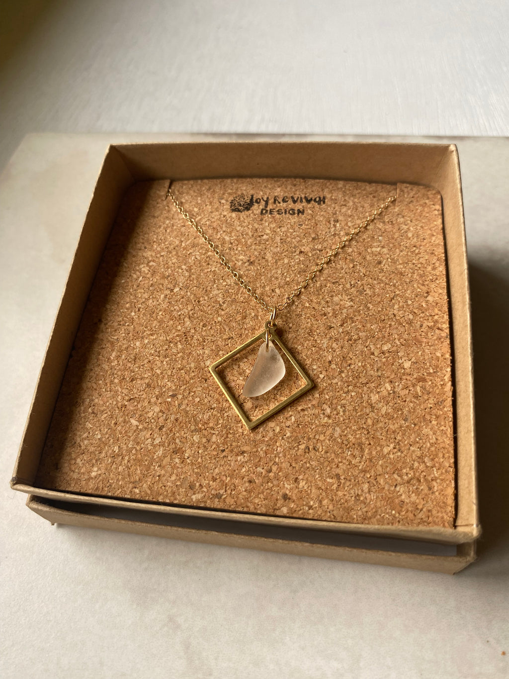 Joy Sea Glass necklace: Brass square (white)