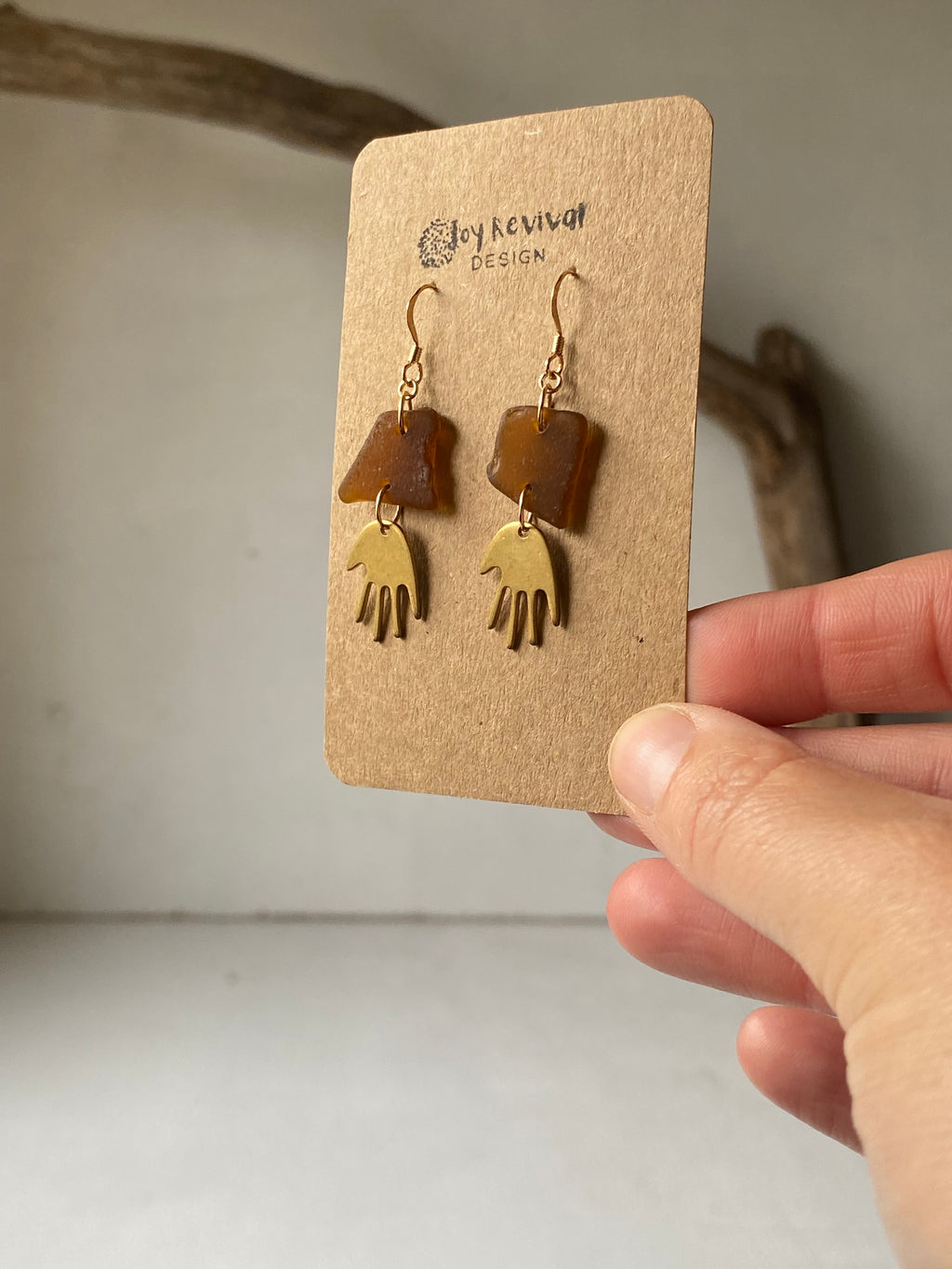 Joy Sea Glass Earrings - Brass Hands - bronze