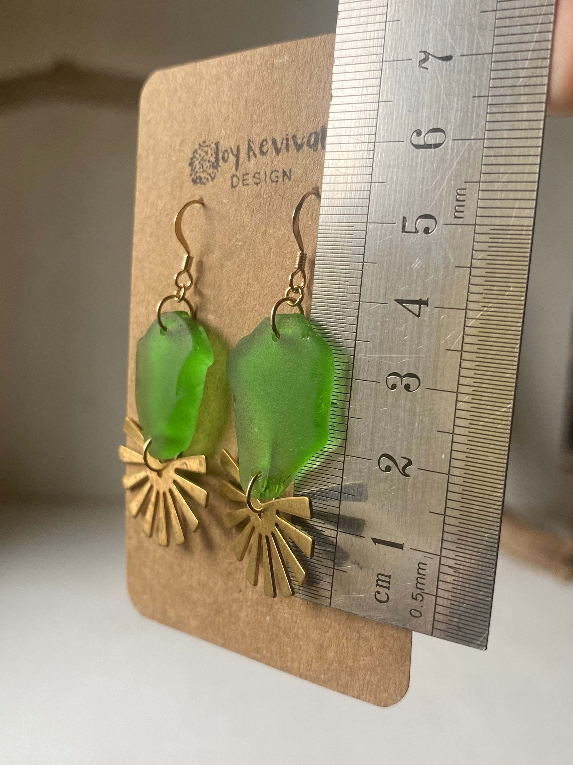 Joy Sea Glass Earrings: Brass Sunburst - vibrant green
