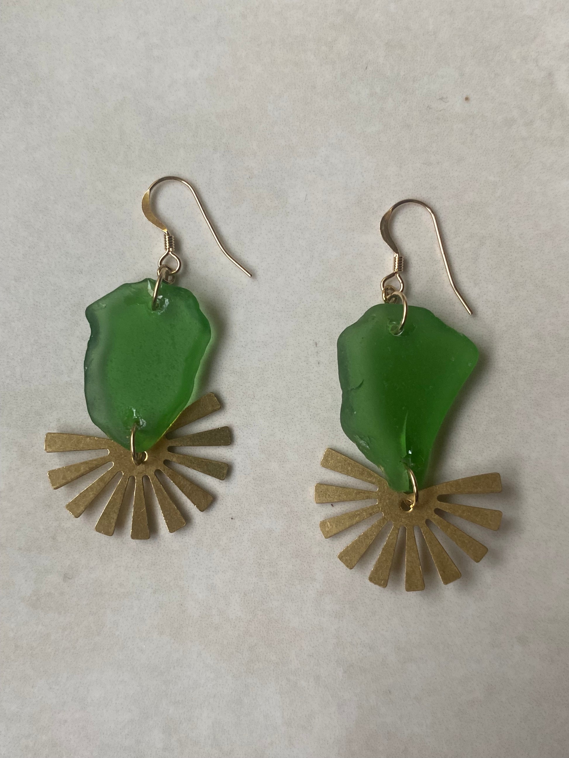 Joy Sea Glass Earrings: Brass Sunburst - vibrant green