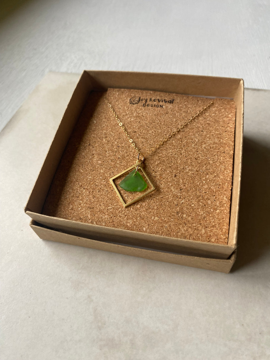 Joy sea glass necklace: Brass square (vibrant green)