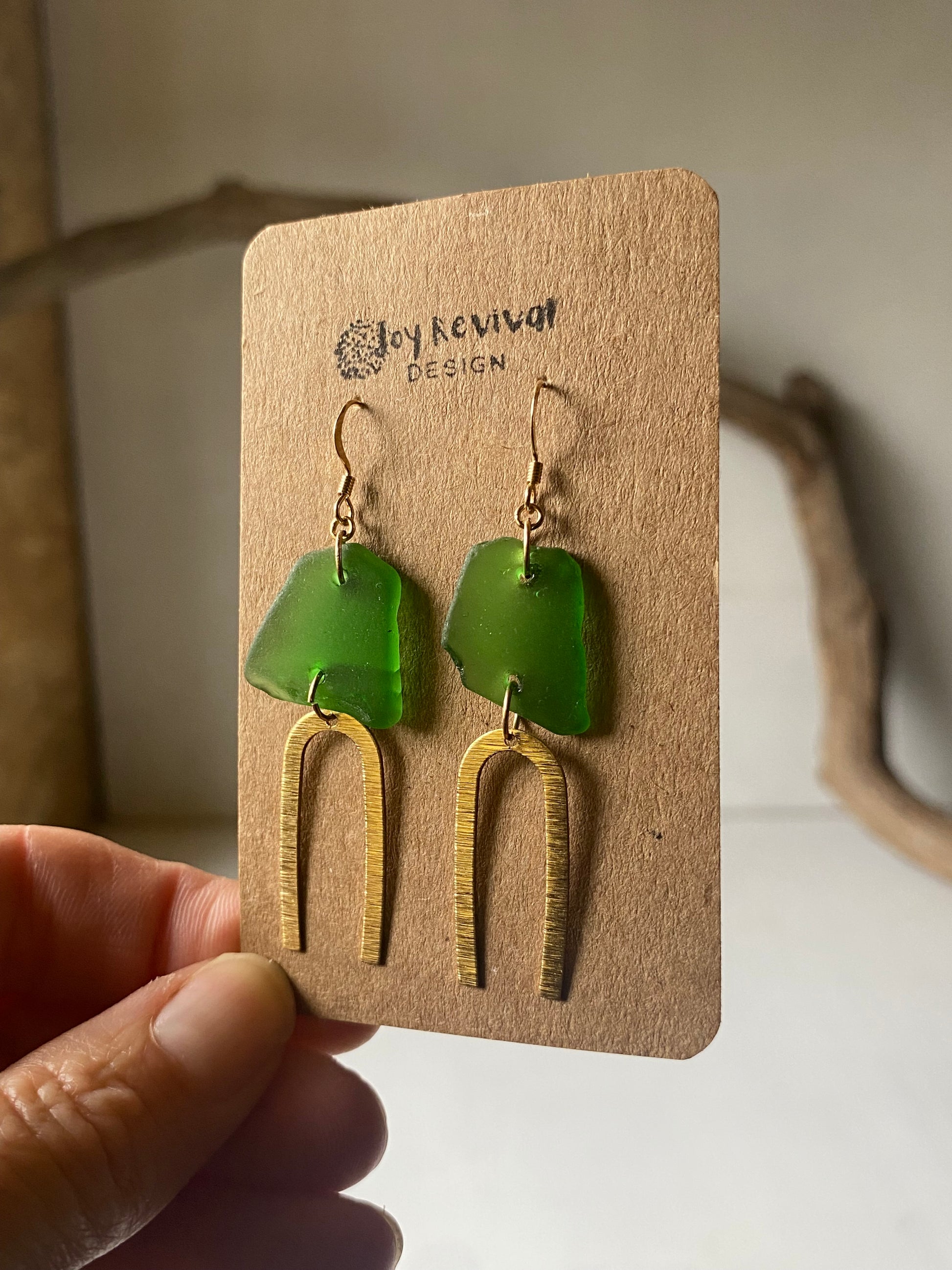 Joy Sea Glass Earrings: Textured Brass Arches - green