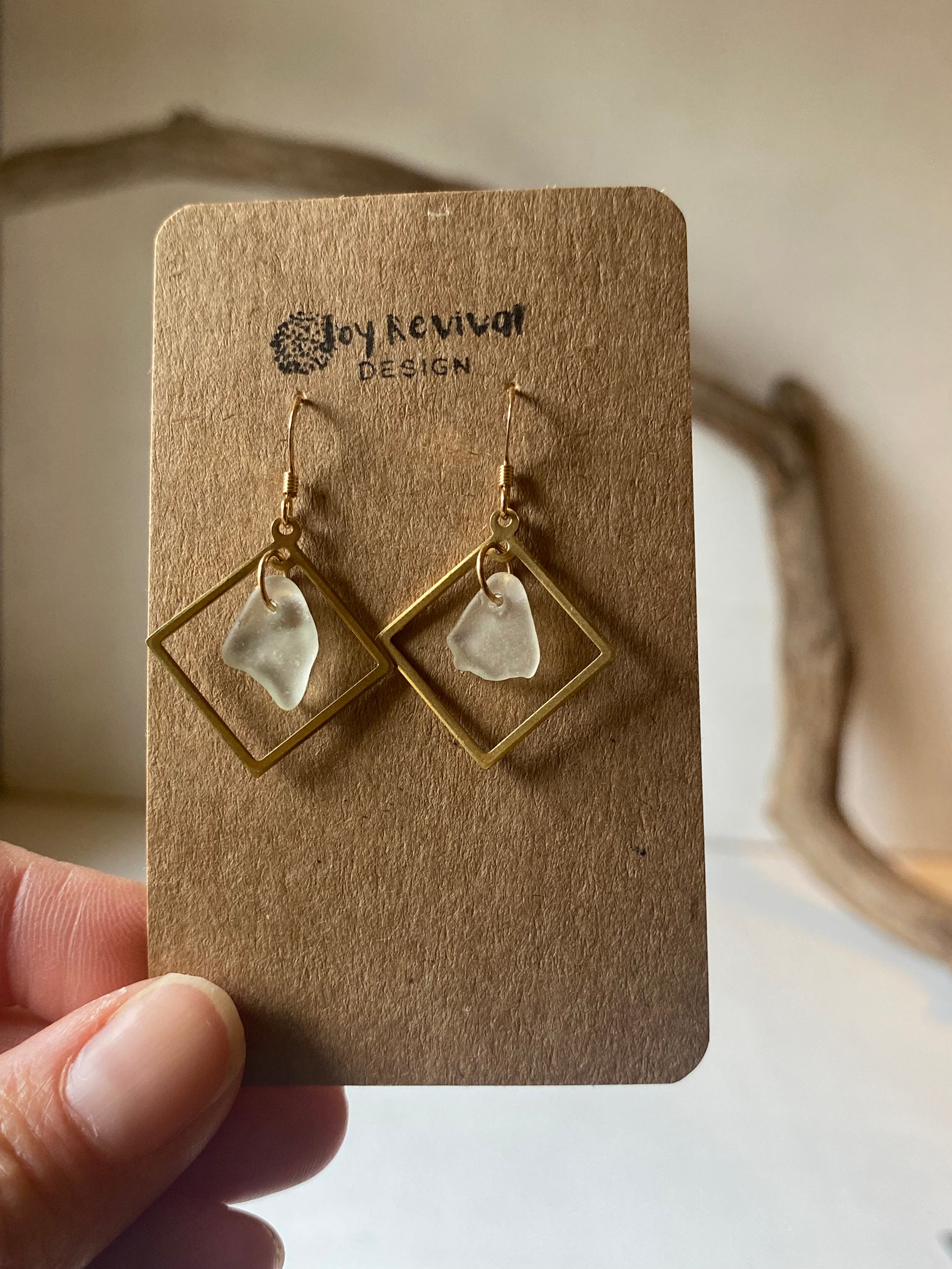 Joy Sea Glass Earrings: Brass squares - white