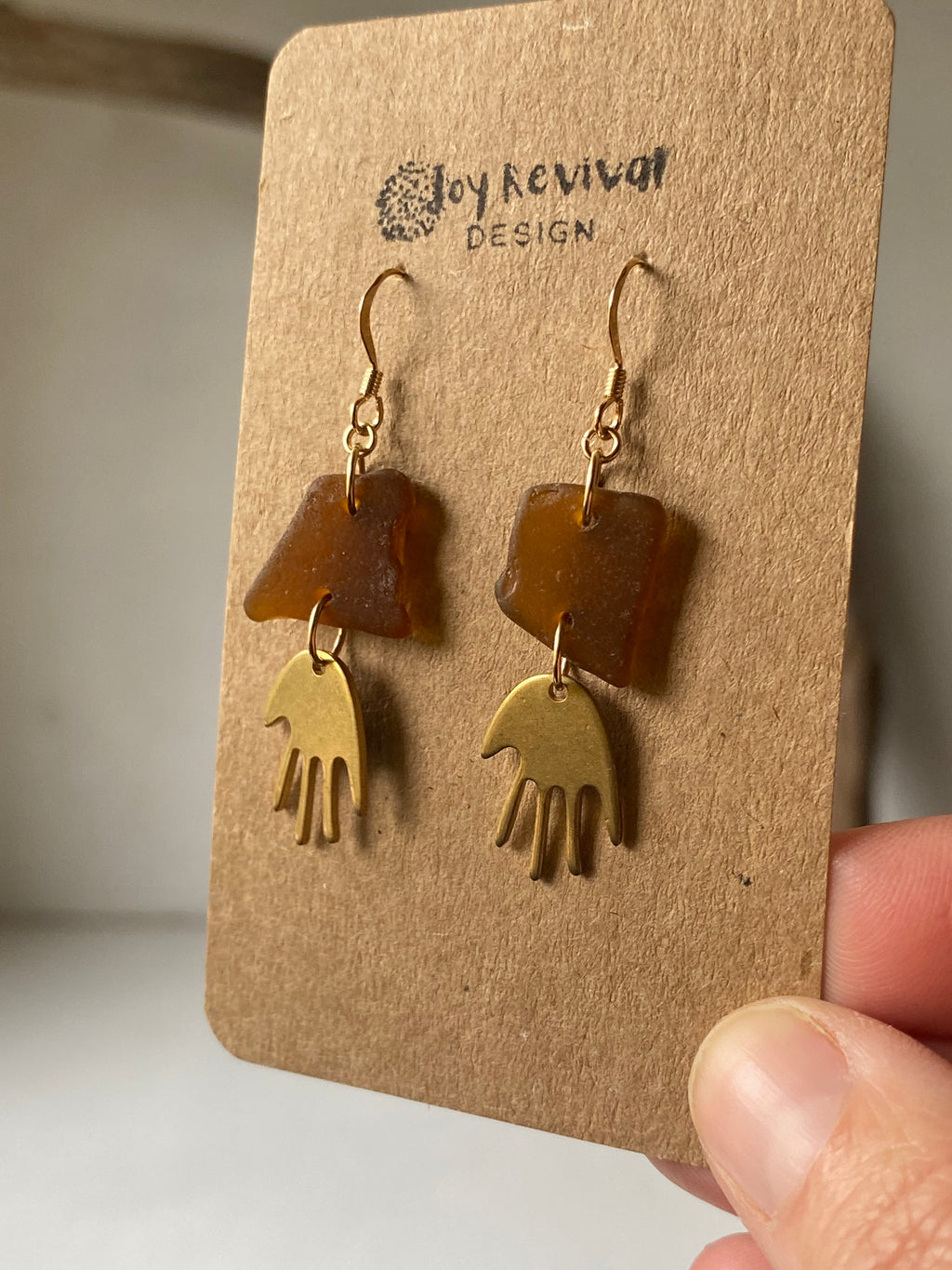 Joy Sea Glass Earrings - Brass Hands - bronze