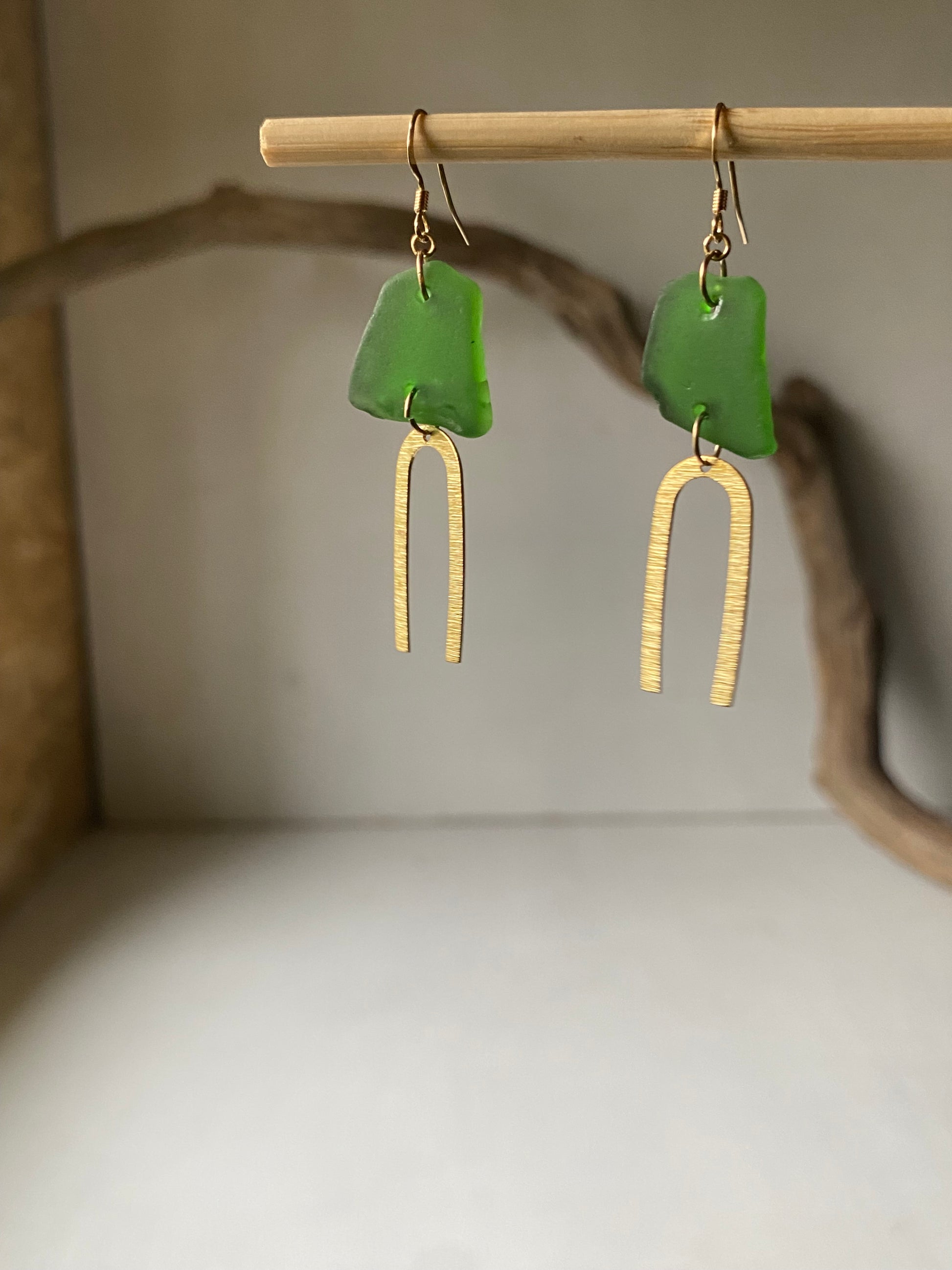 Joy Sea Glass Earrings: Textured Brass Arches - green