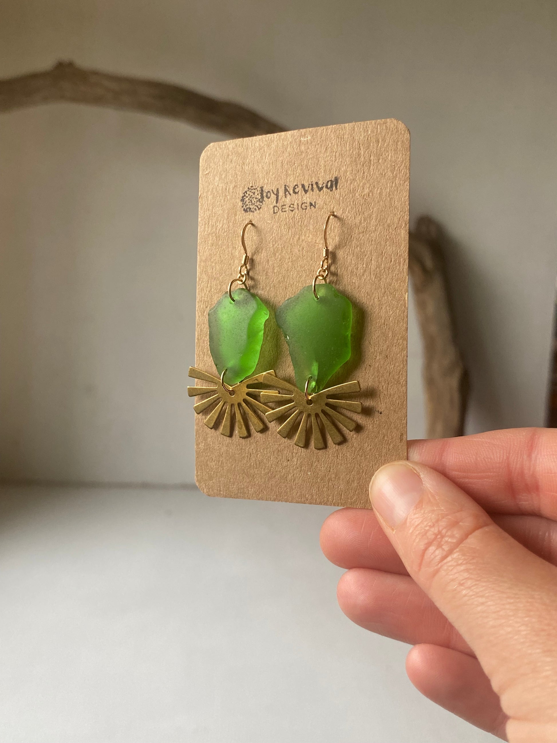 Joy Sea Glass Earrings: Brass Sunburst - vibrant green
