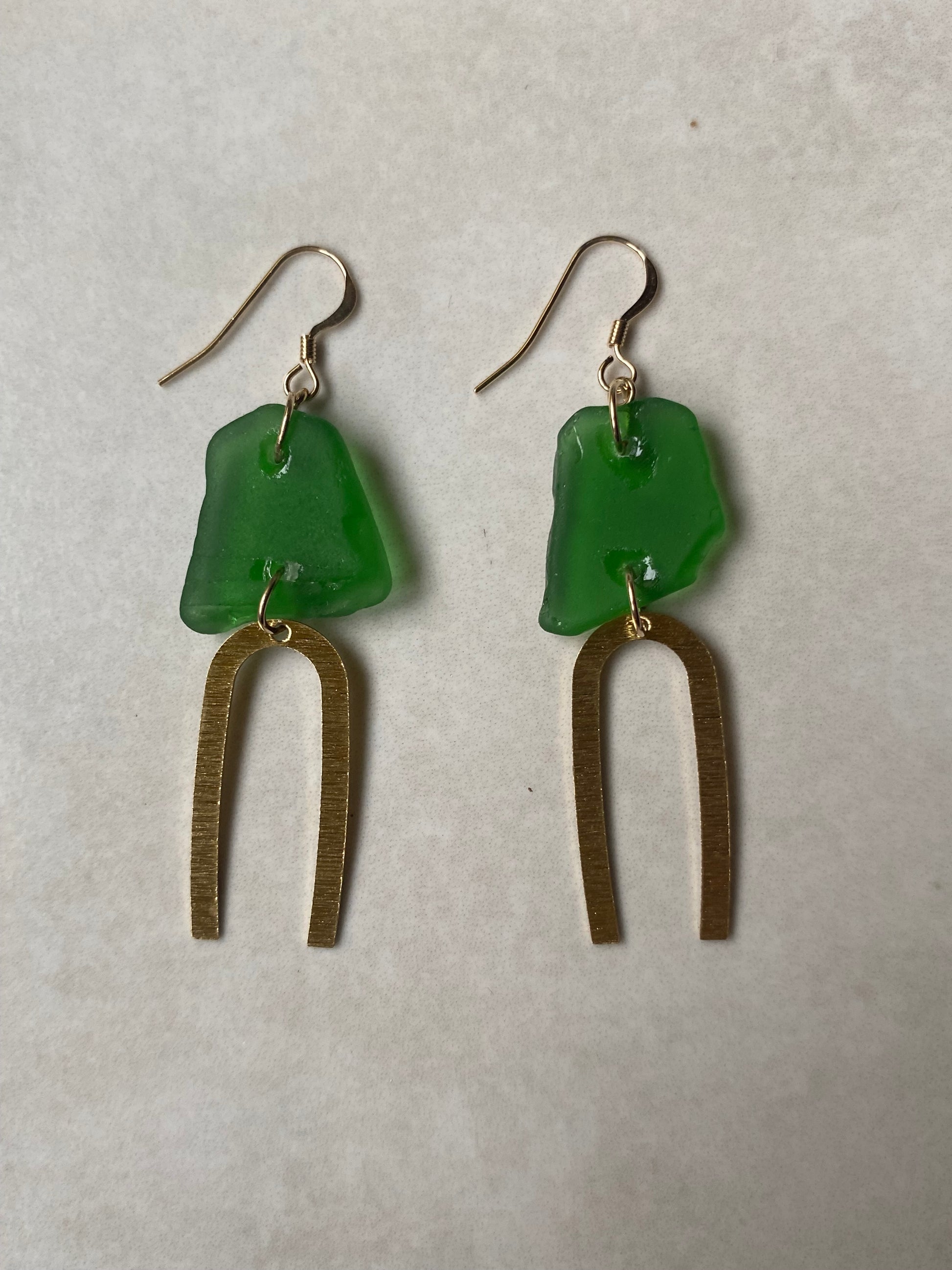 Joy Sea Glass Earrings: Textured Brass Arches - green