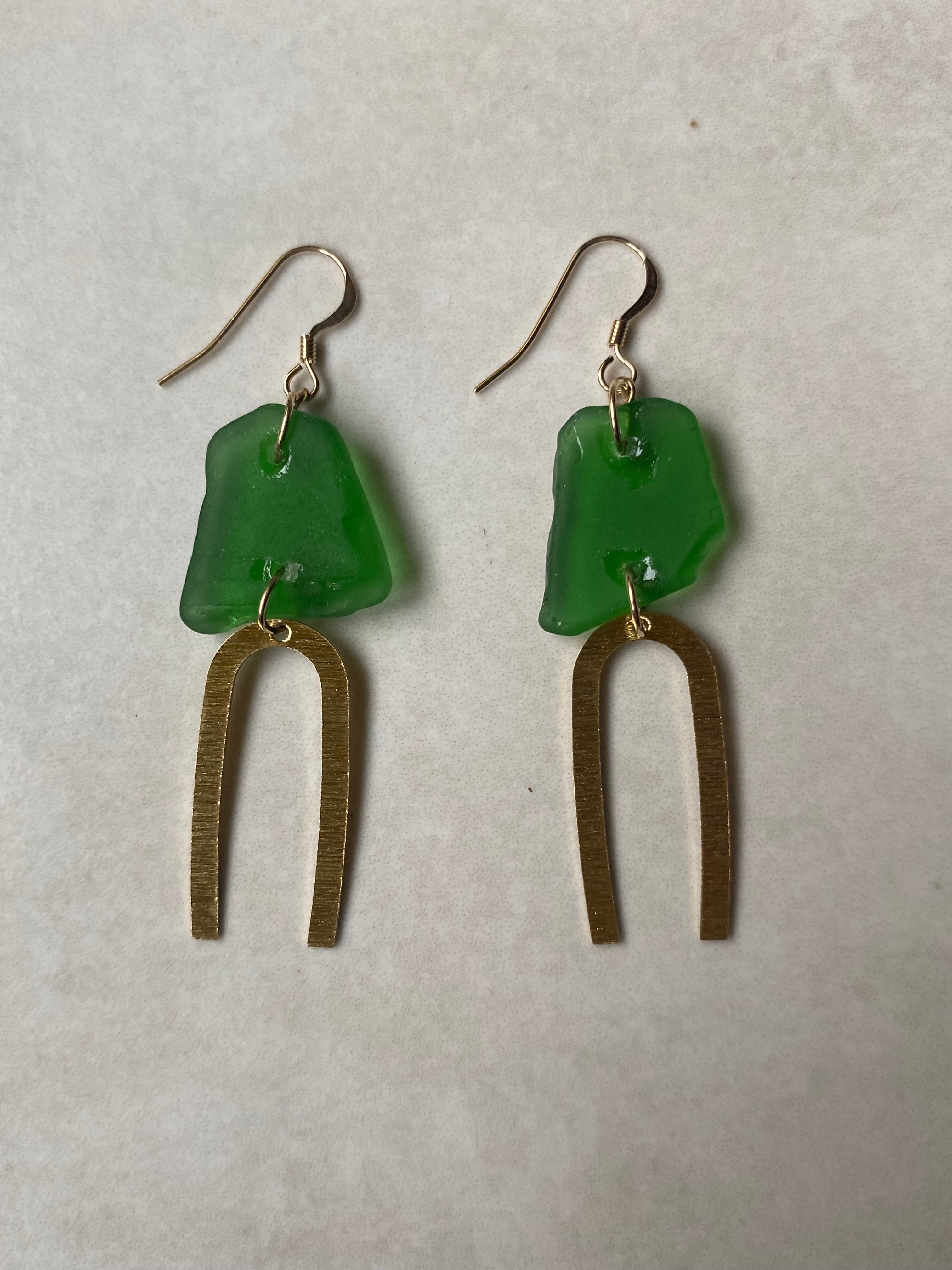 Joy Sea Glass Earrings: Textured Brass Arches - green
