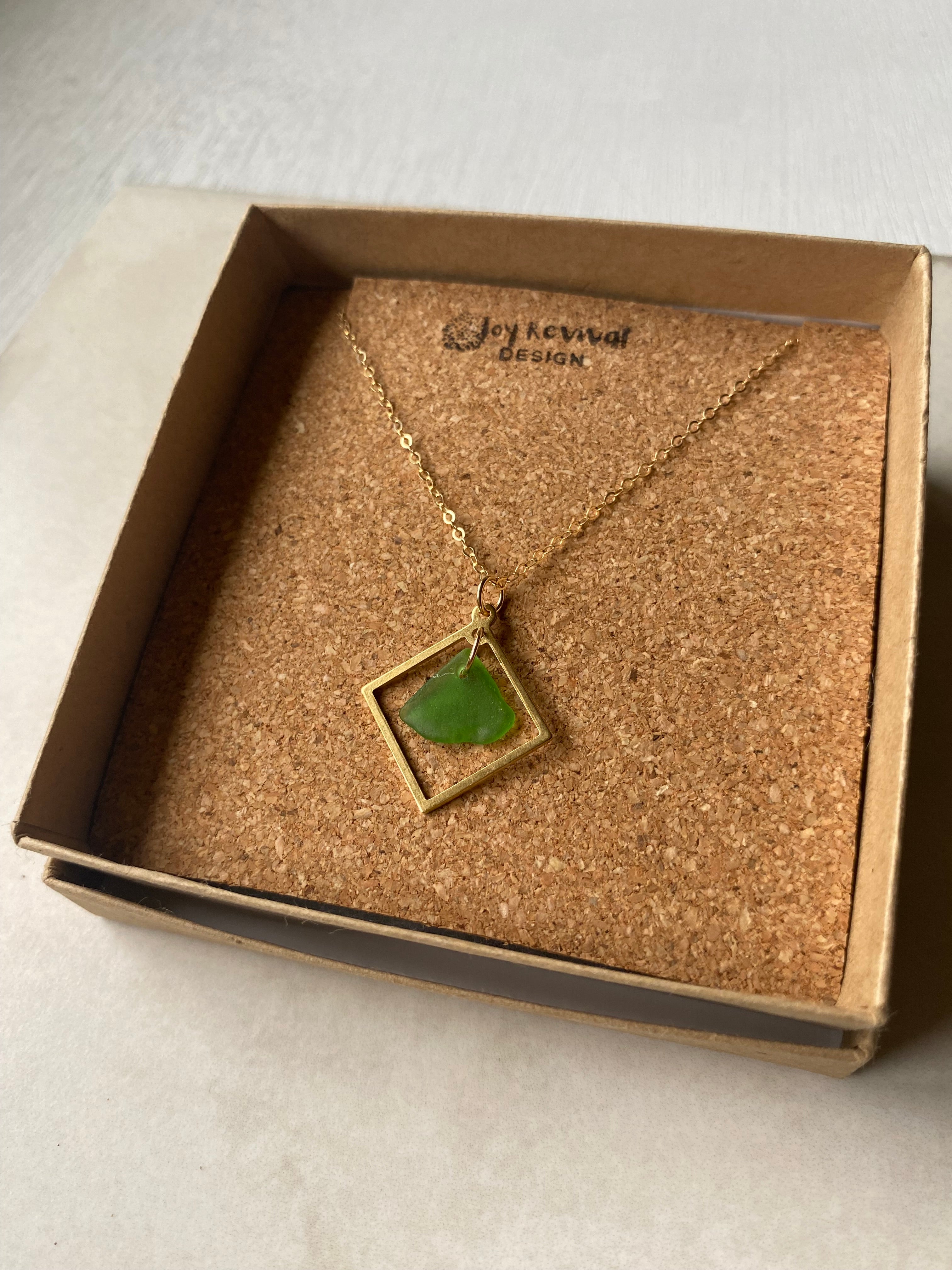 Joy sea glass necklace: Brass square (vibrant green)