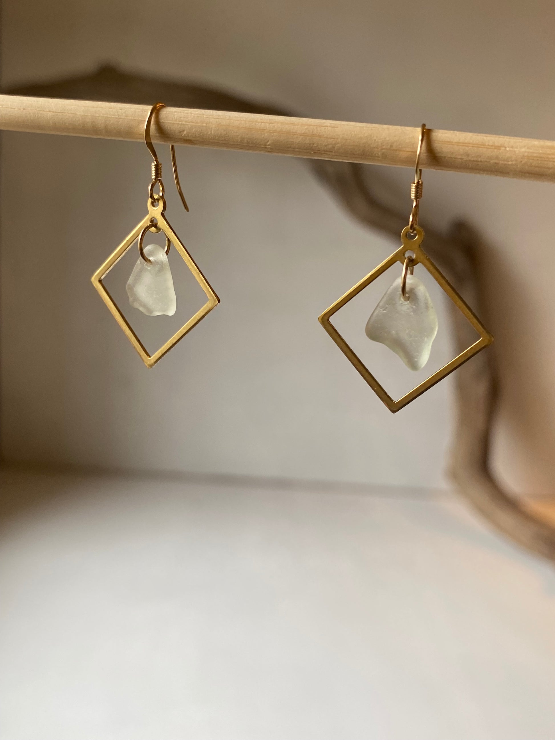 Joy Sea Glass Earrings: Brass squares - white