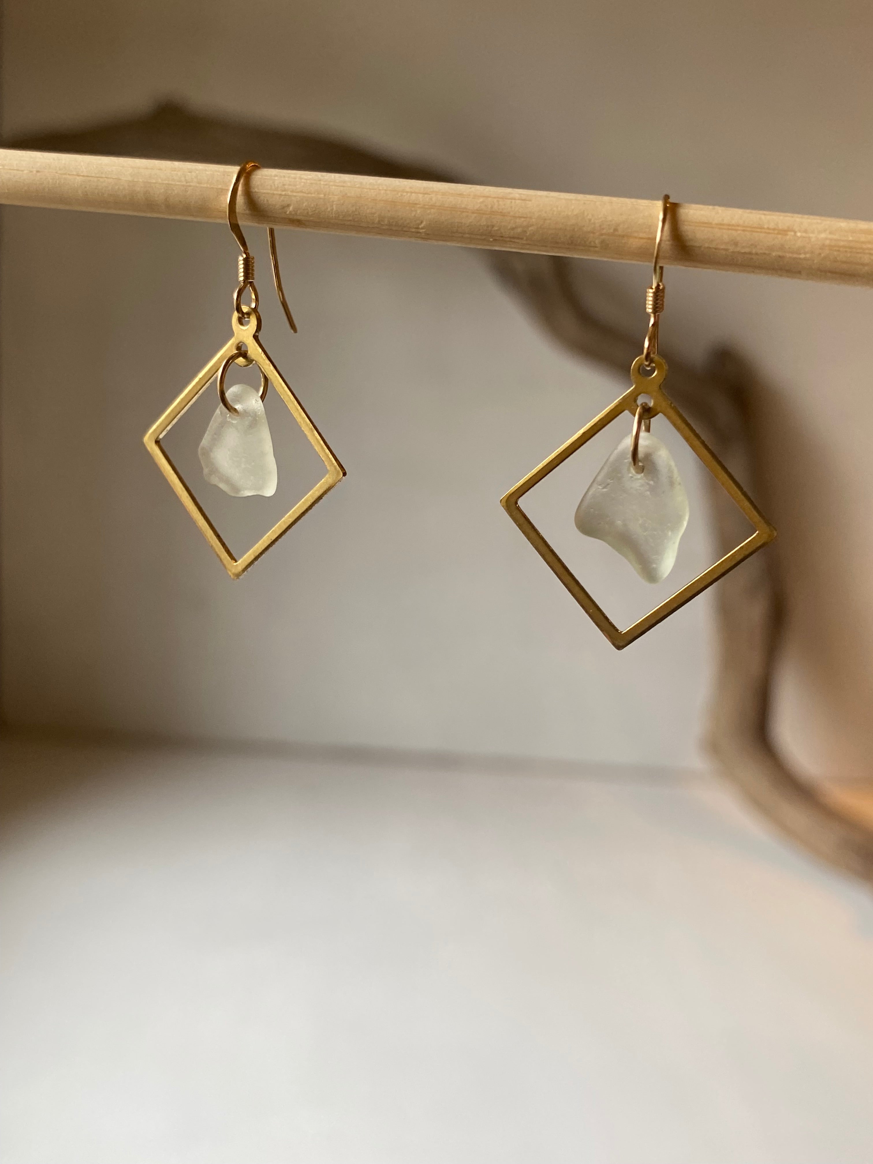 Joy Sea Glass Earrings: Brass squares - white