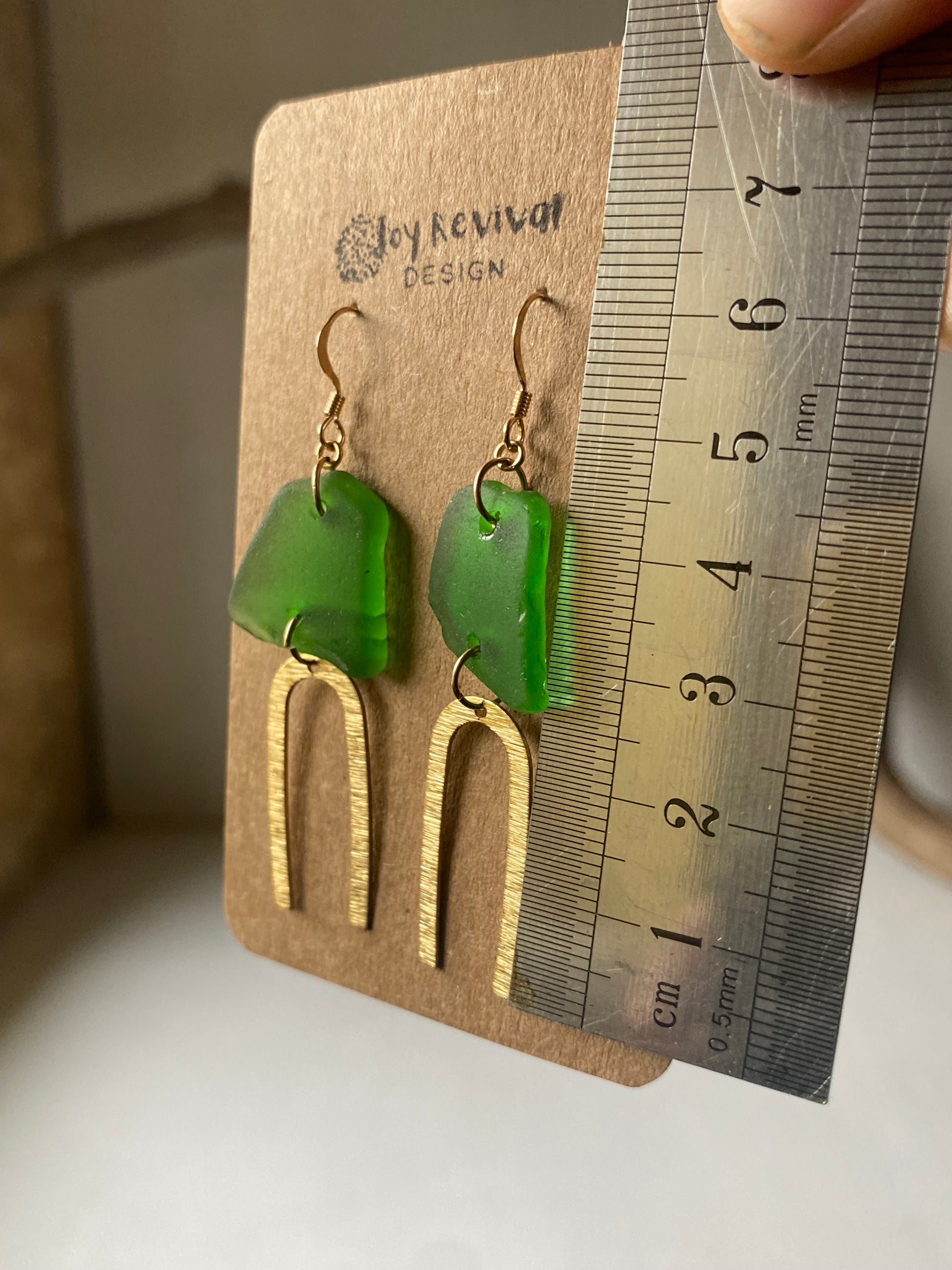 Joy Sea Glass Earrings: Textured Brass Arches - green
