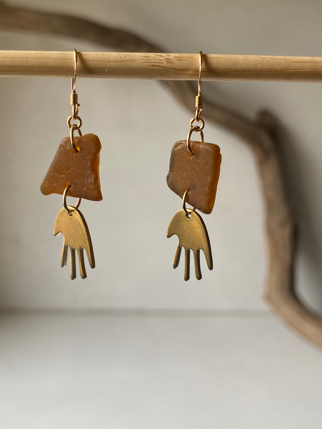 Joy Sea Glass Earrings - Brass Hands - bronze