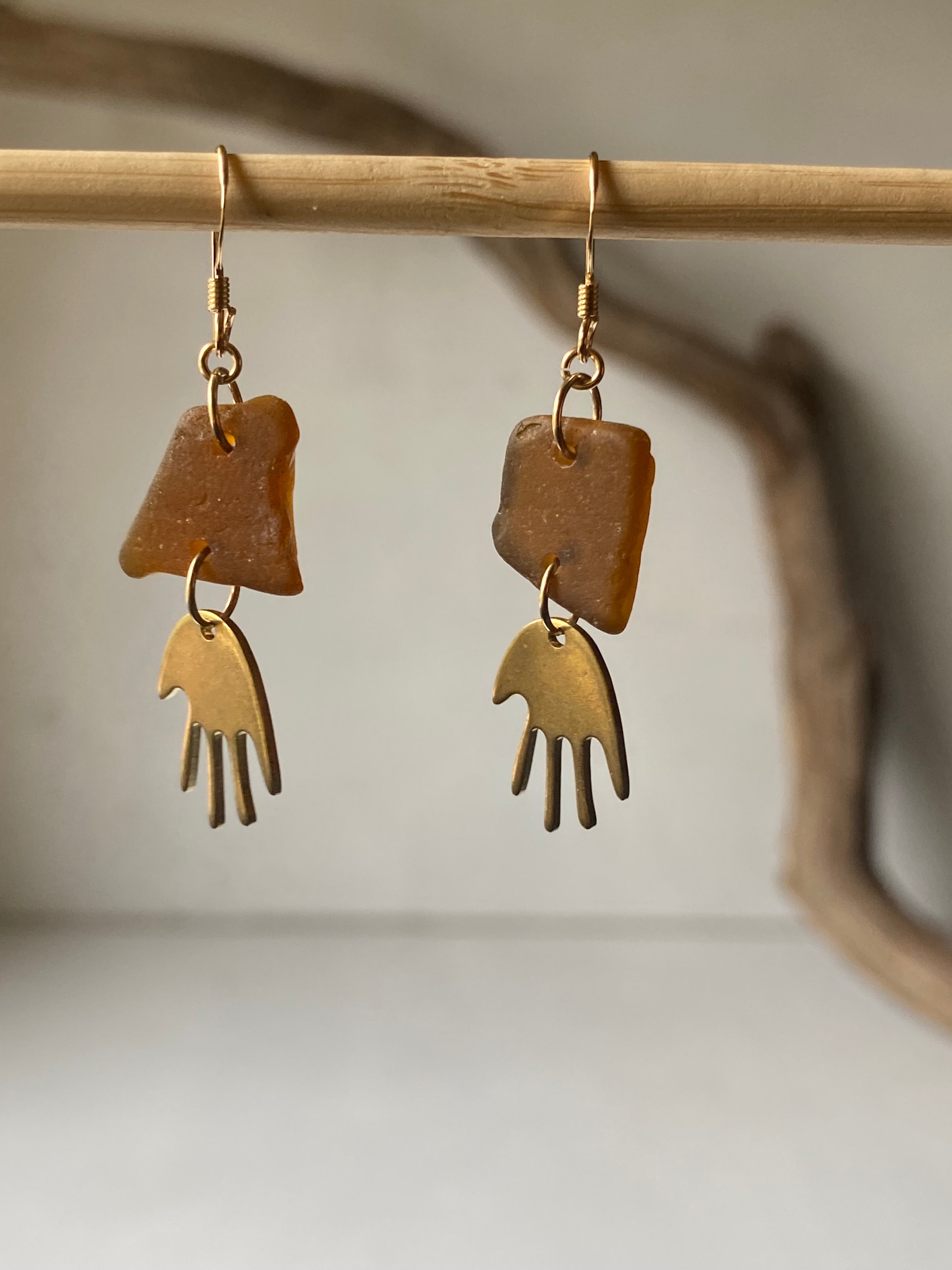 Joy Sea Glass Earrings - Brass Hands - bronze