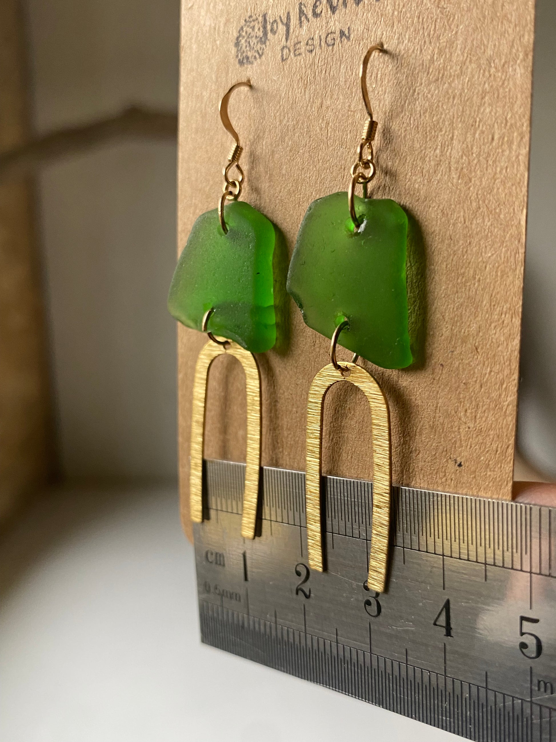 Joy Sea Glass Earrings: Textured Brass Arches - green