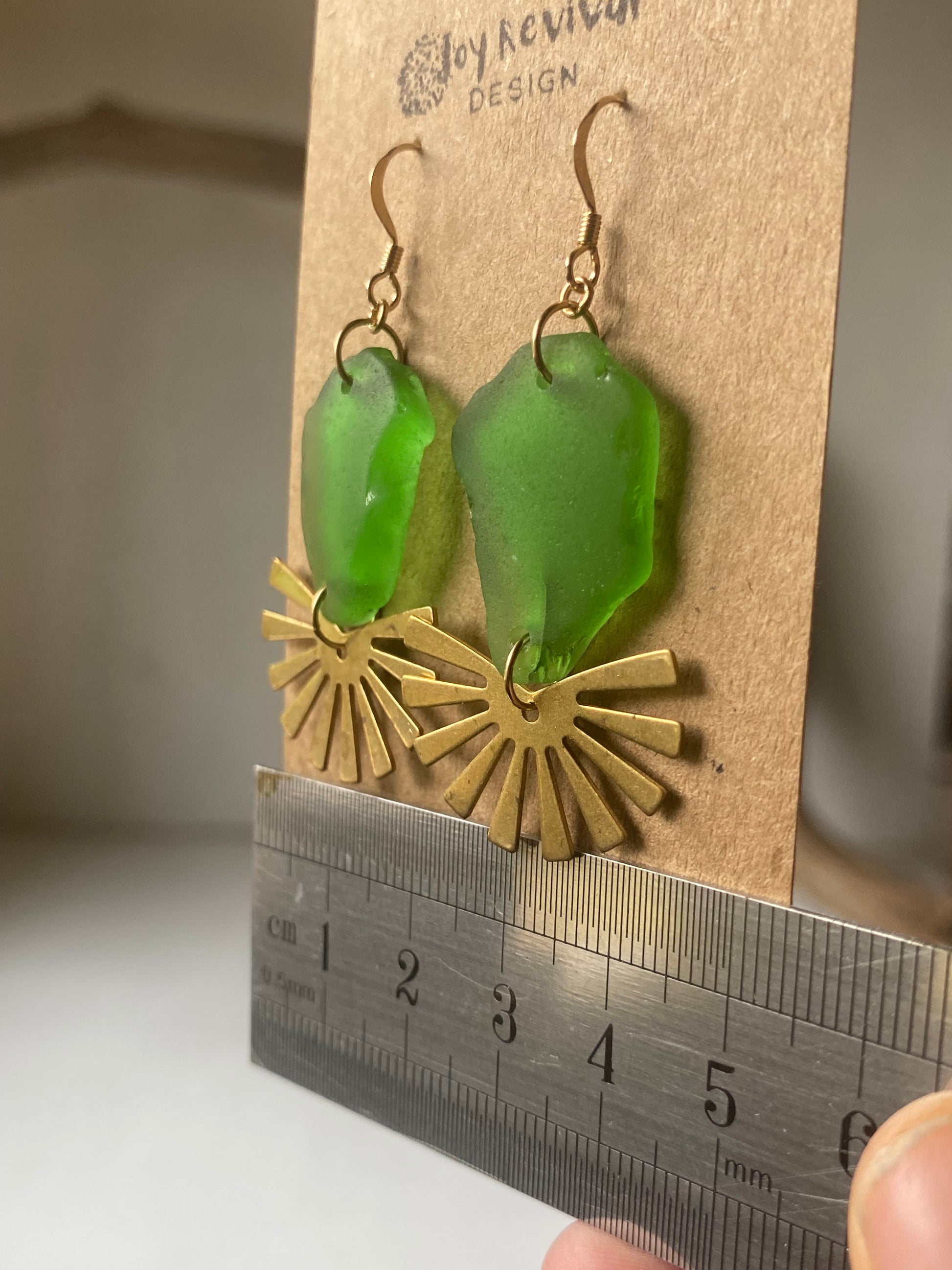 Joy Sea Glass Earrings: Brass Sunburst - vibrant green