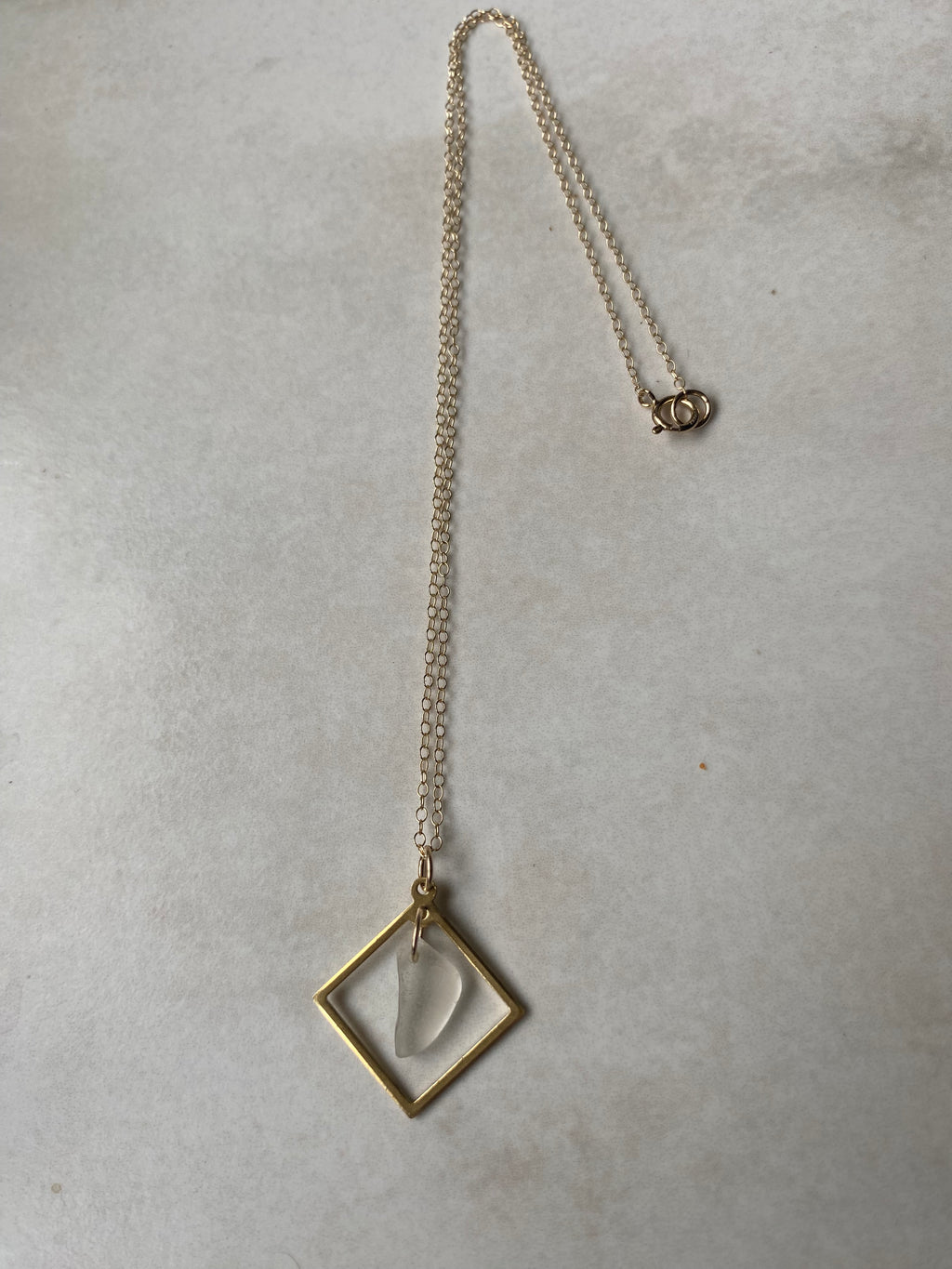 Joy Sea Glass necklace: Brass square (white)