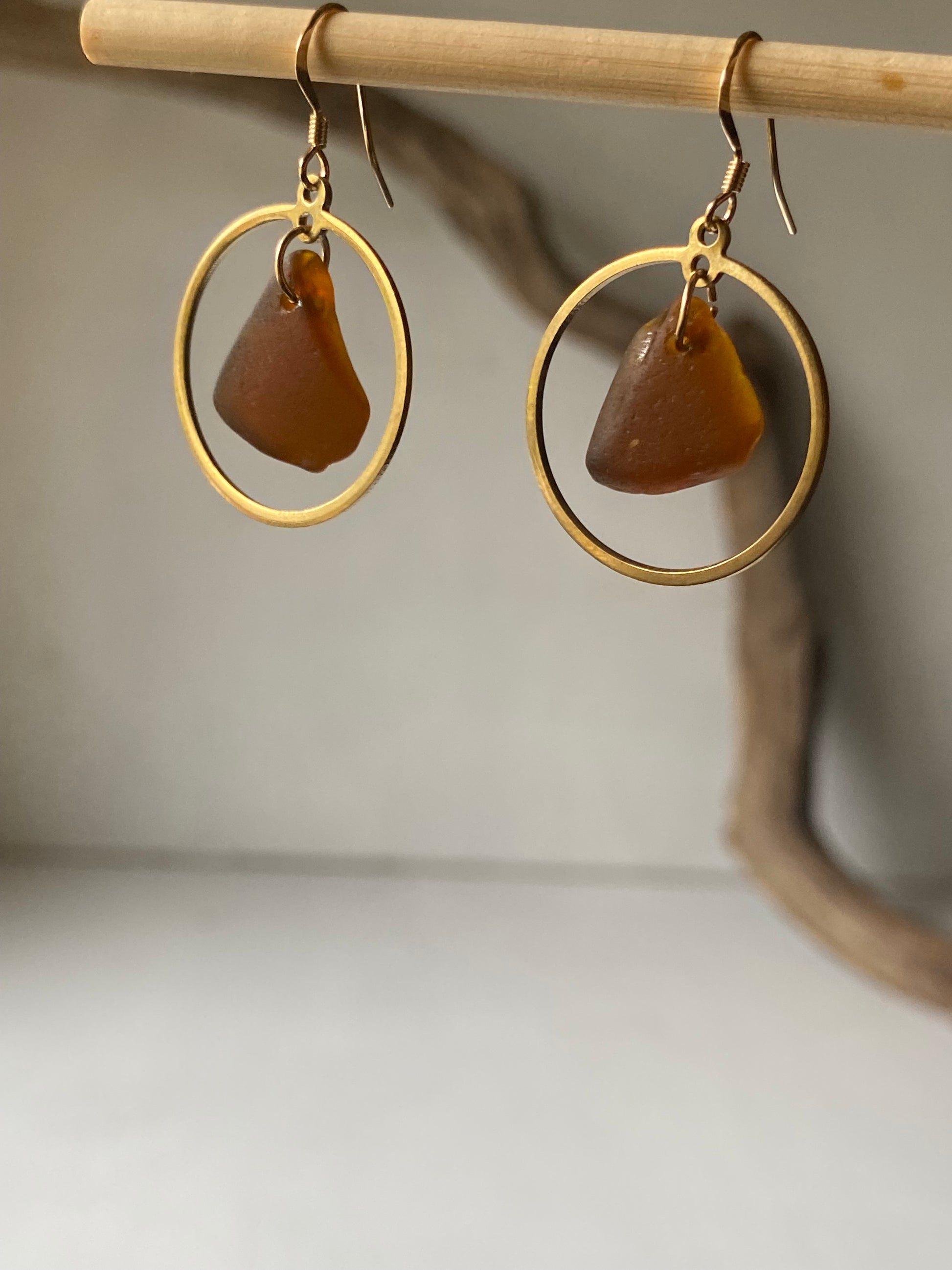 Joy Sea Glass Earrings: Brass circles - bronze