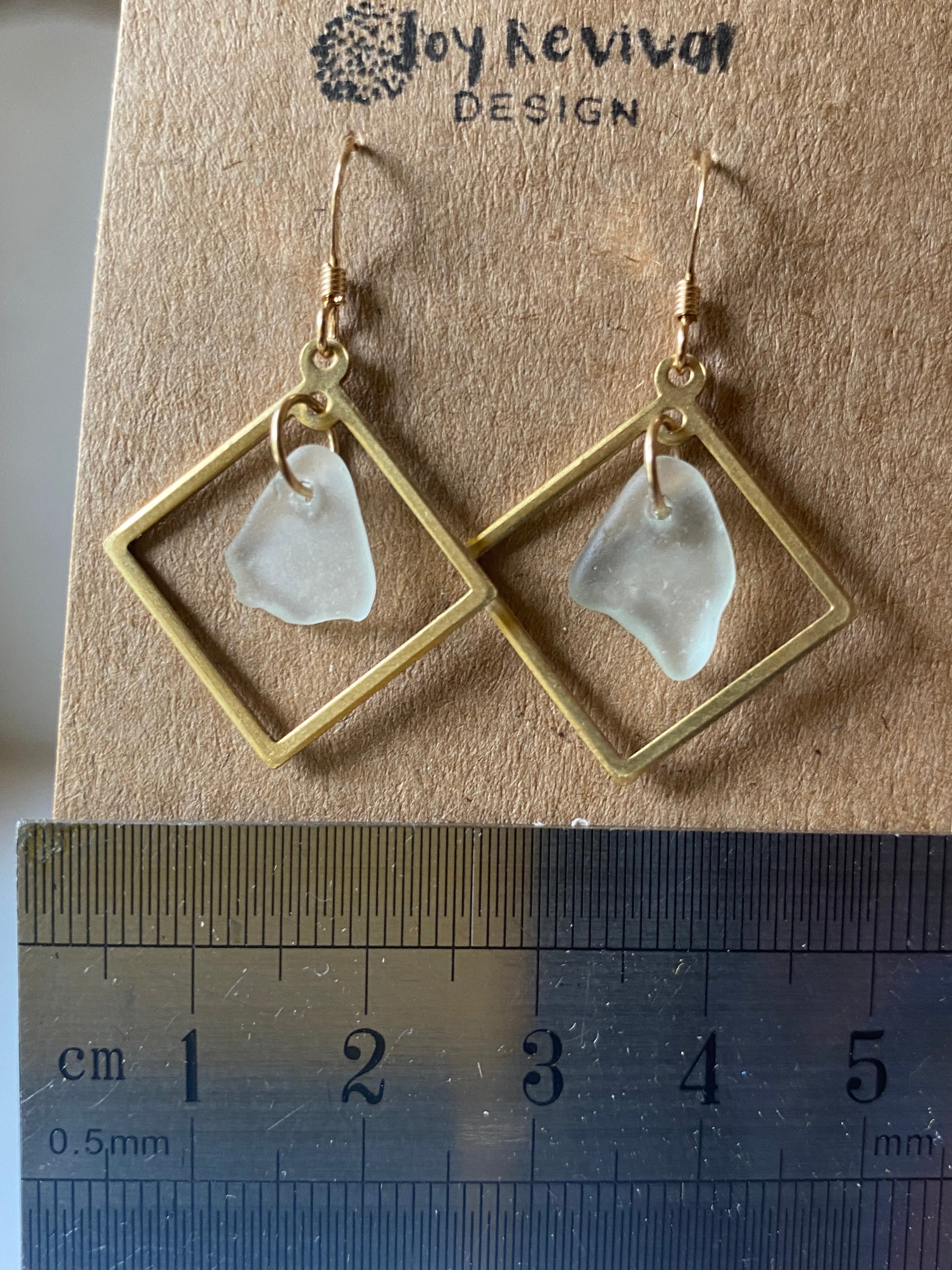 Joy Sea Glass Earrings: Brass squares - white