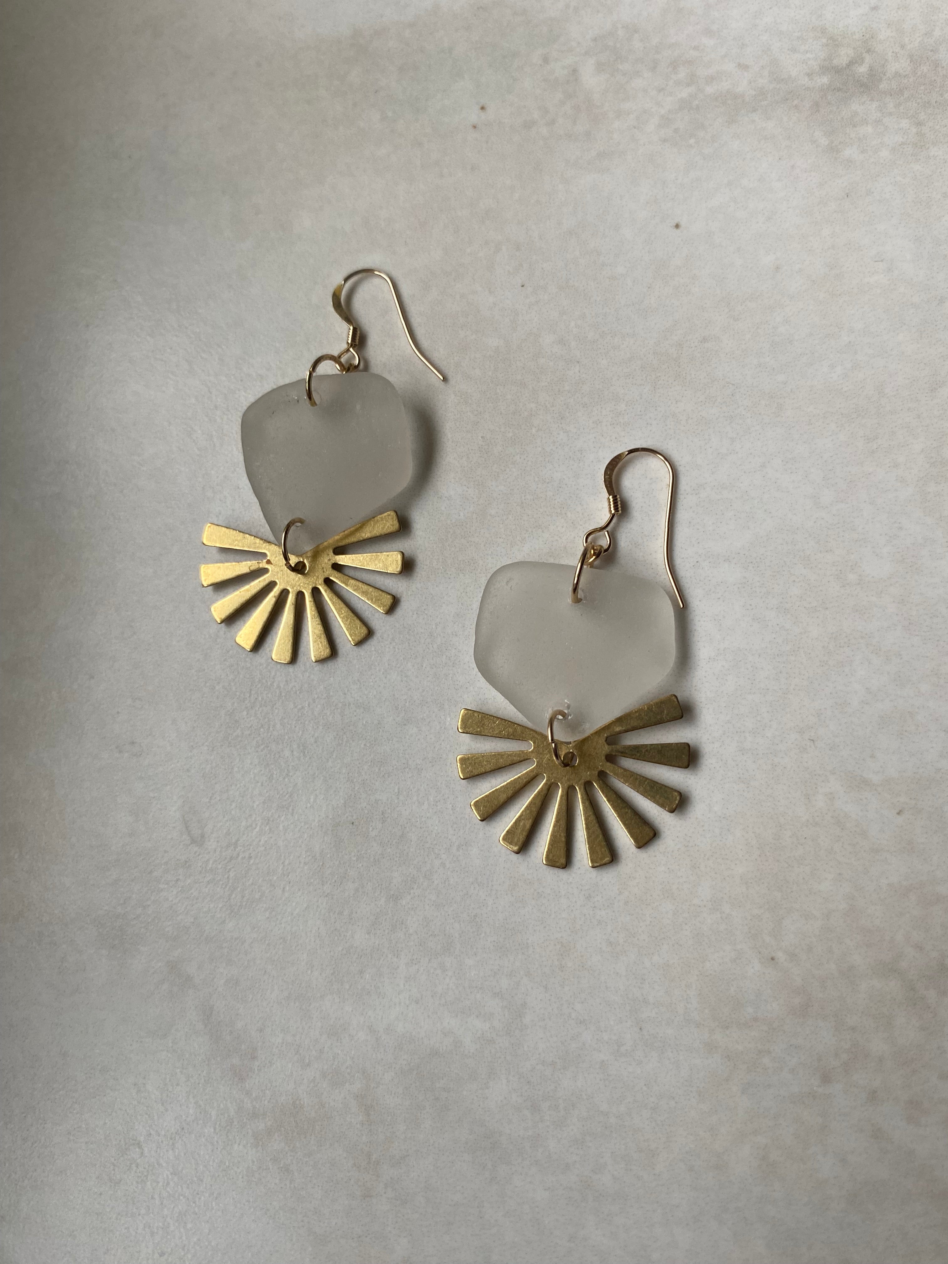 Joy Sea Glass Earrings: Brass Sunburst - white