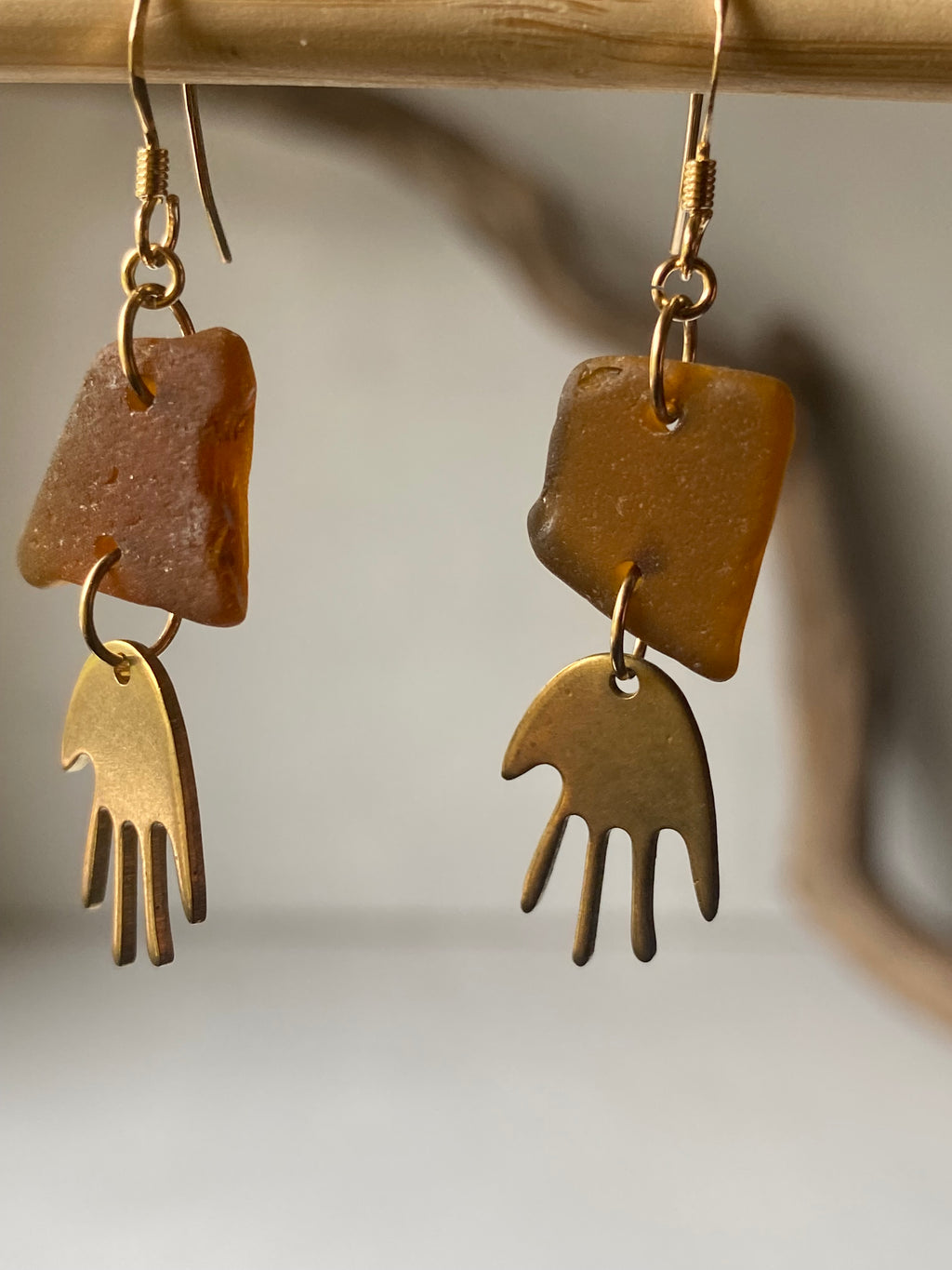 Joy Sea Glass Earrings - Brass Hands - bronze