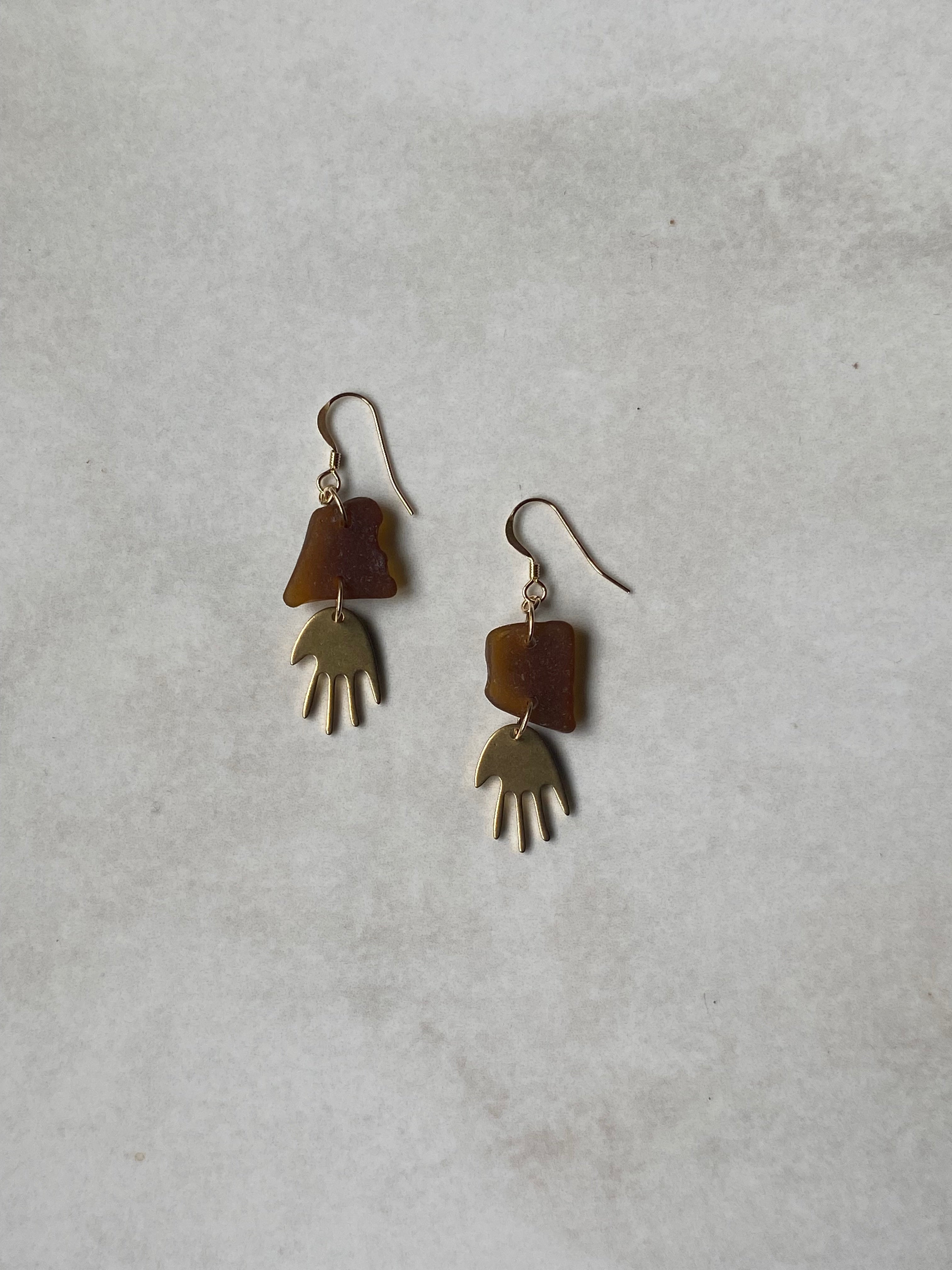 Joy Sea Glass Earrings - Brass Hands - bronze