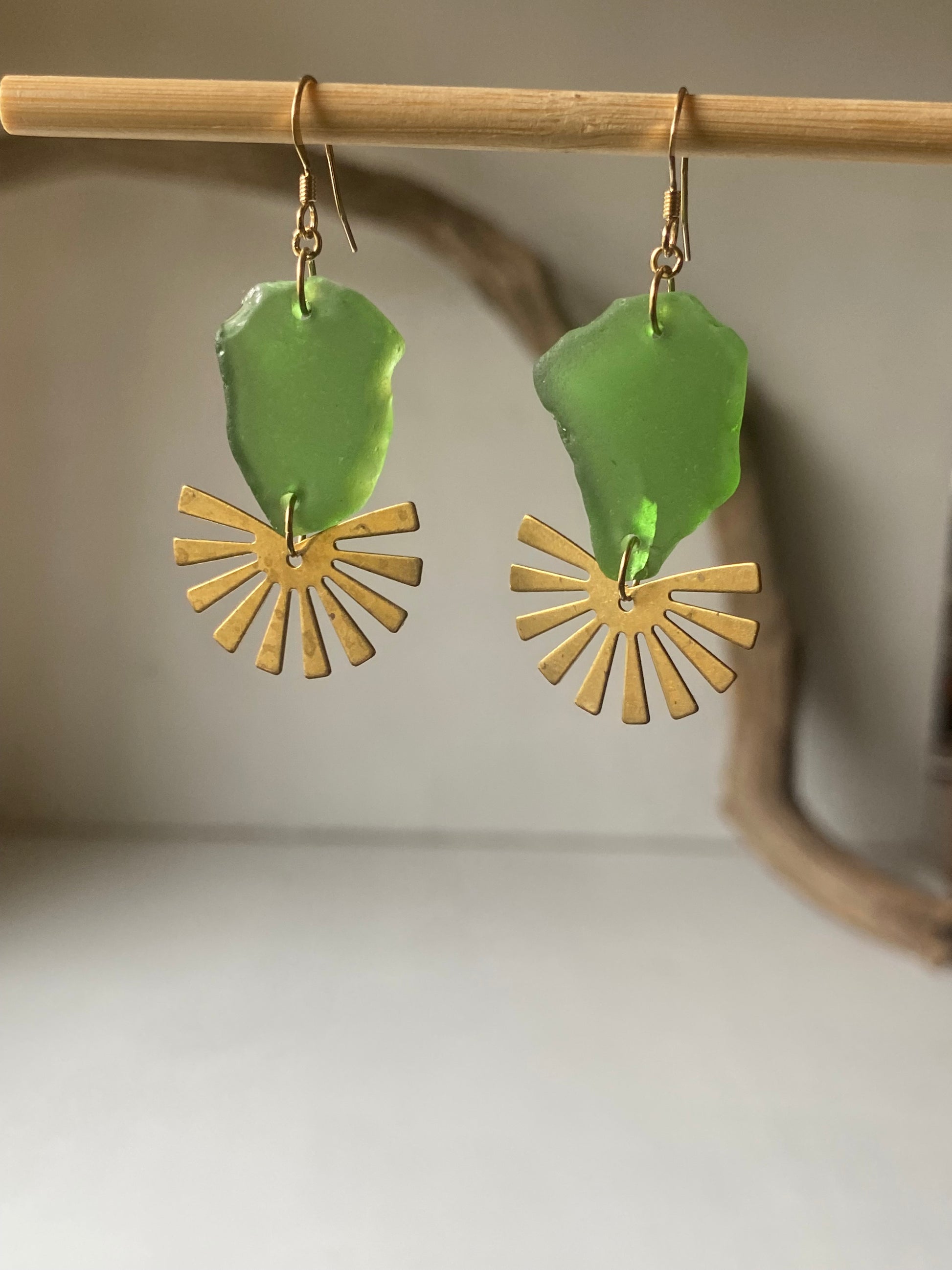 Joy Sea Glass Earrings: Brass Sunburst - vibrant green