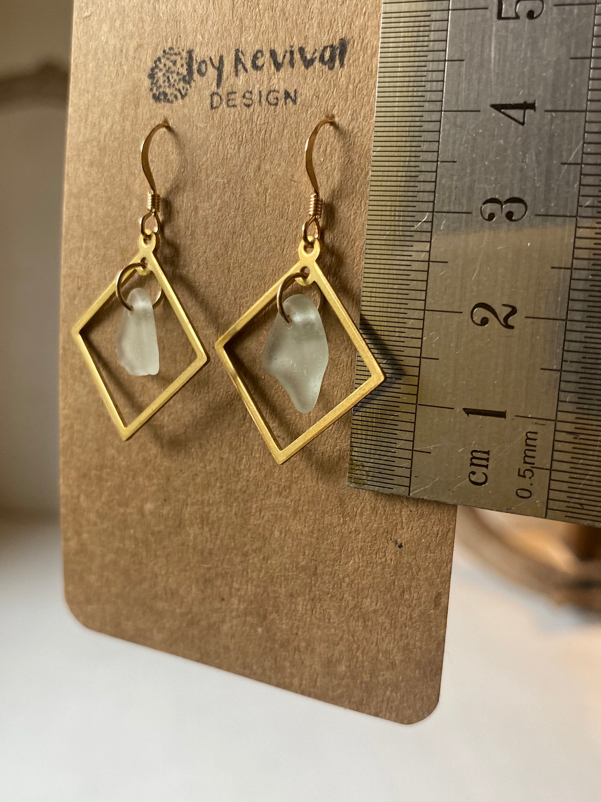 Joy Sea Glass Earrings: Brass squares - white
