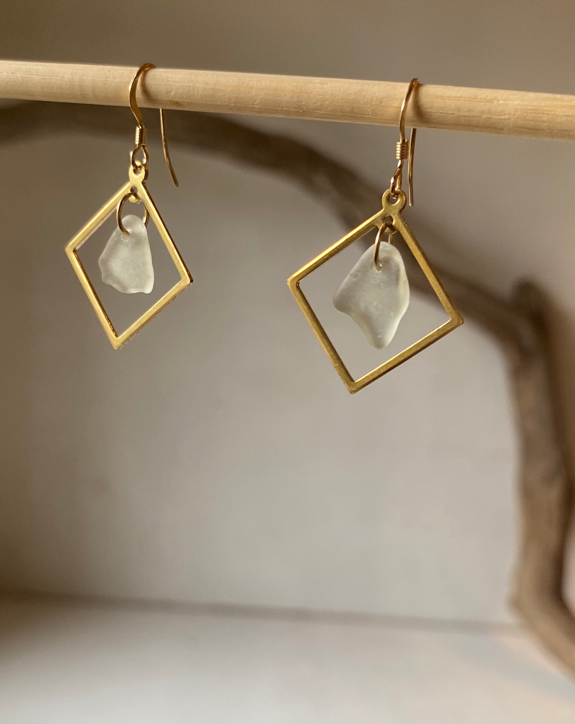 Joy Sea Glass Earrings: Brass squares - white
