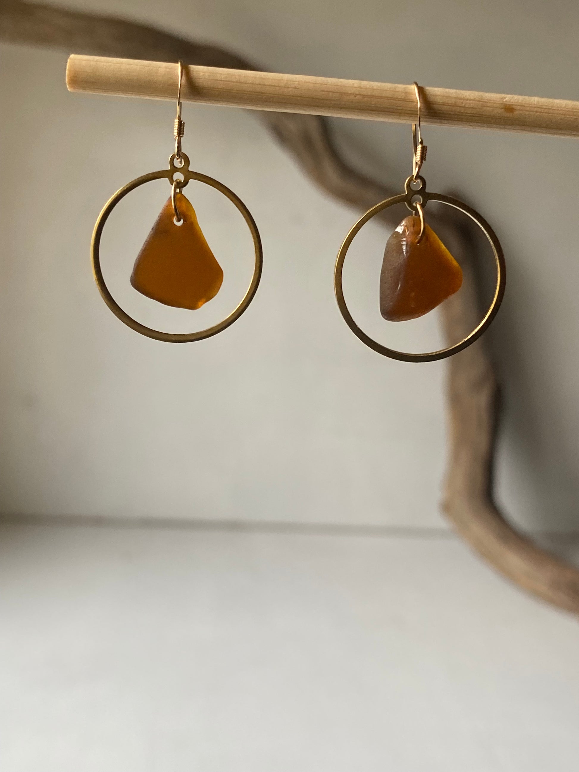 Joy Sea Glass Earrings: Brass circles - bronze