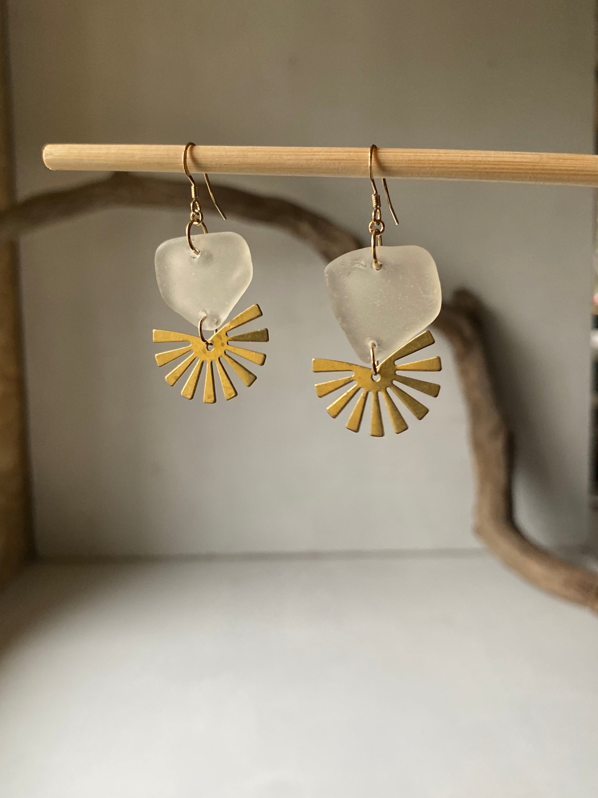 Joy Sea Glass Earrings: Brass Sunburst - white