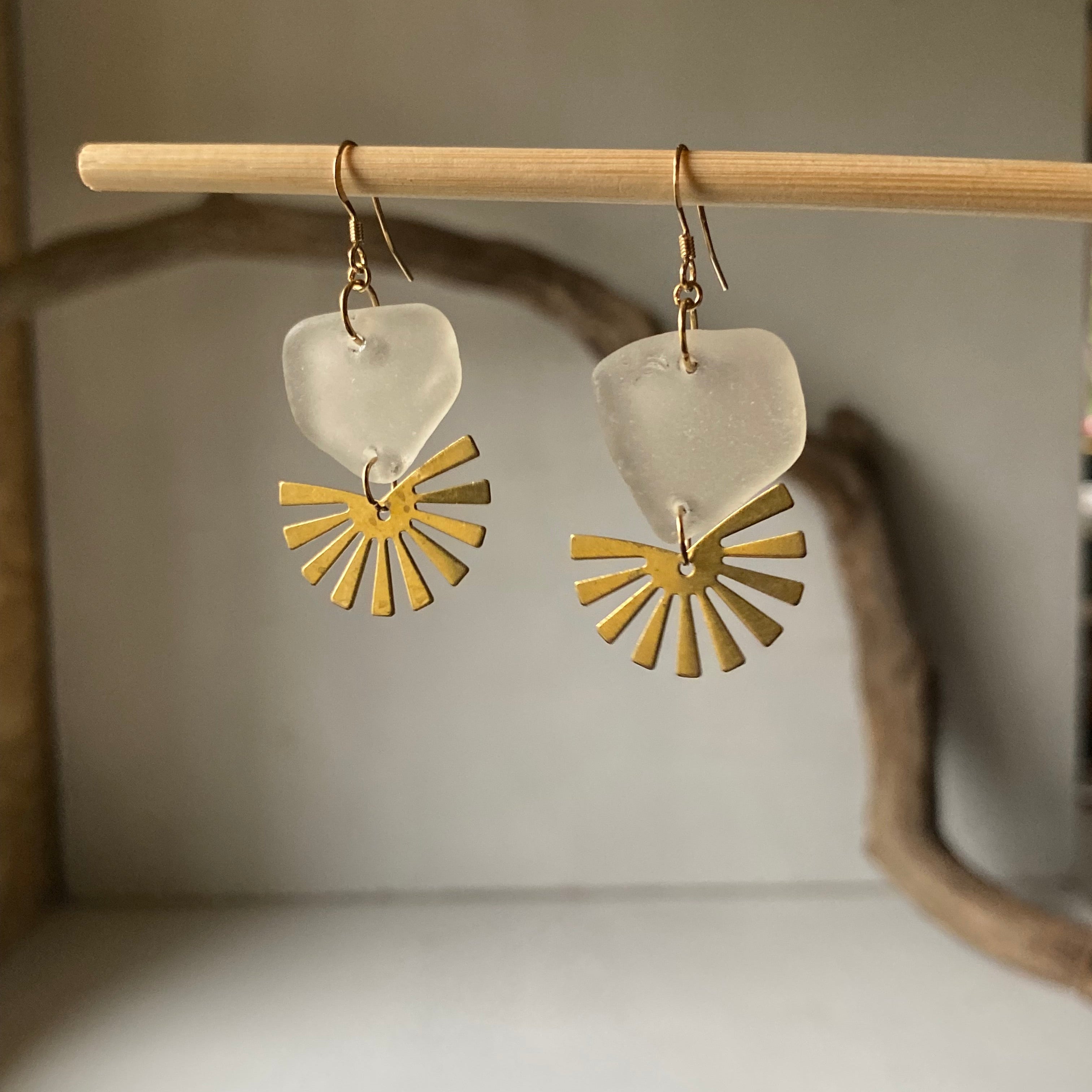 Joy Sea Glass Earrings: Brass Sunburst - white